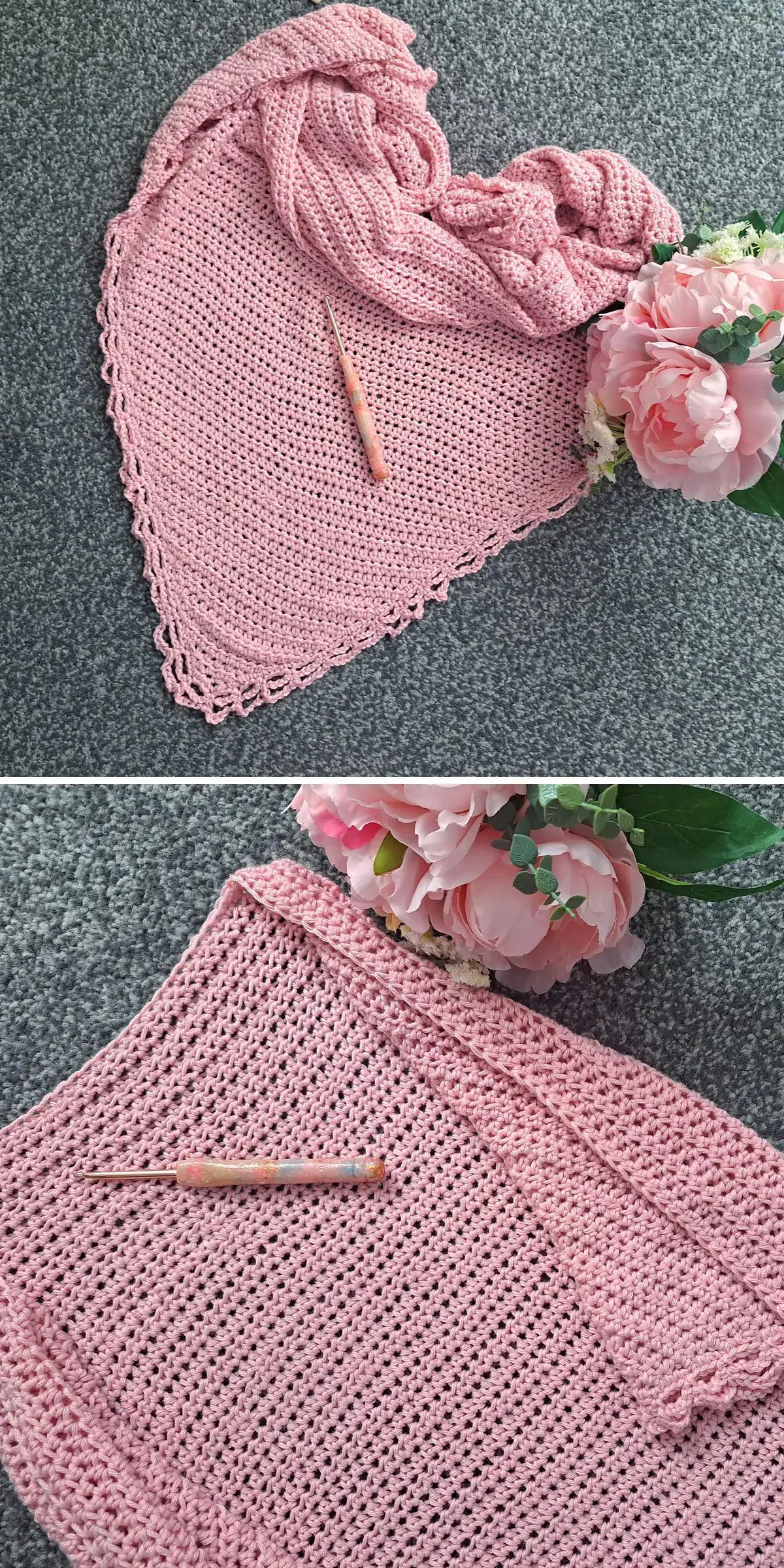 A pink crocheted cowl draped elegantly with a wooden crochet hook lies on a gray surface, accompanied by delicate pink flowers.