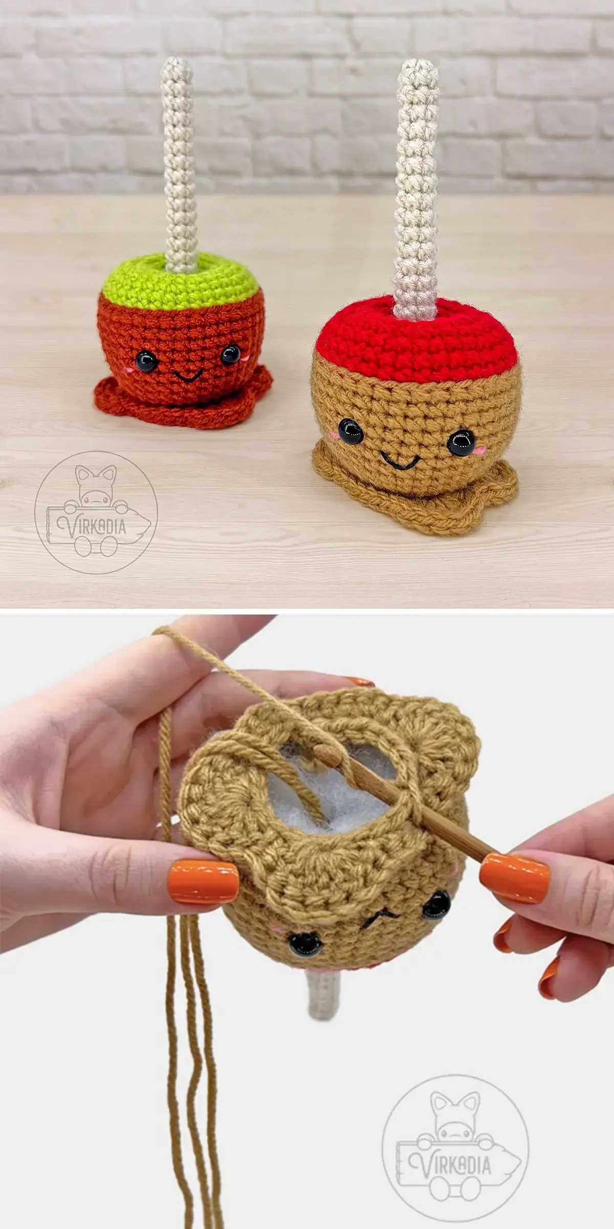 Crocheted apple-themed sponge holders with smiley faces; hands are crafting a delightful piece of crochet food in the bottom image.