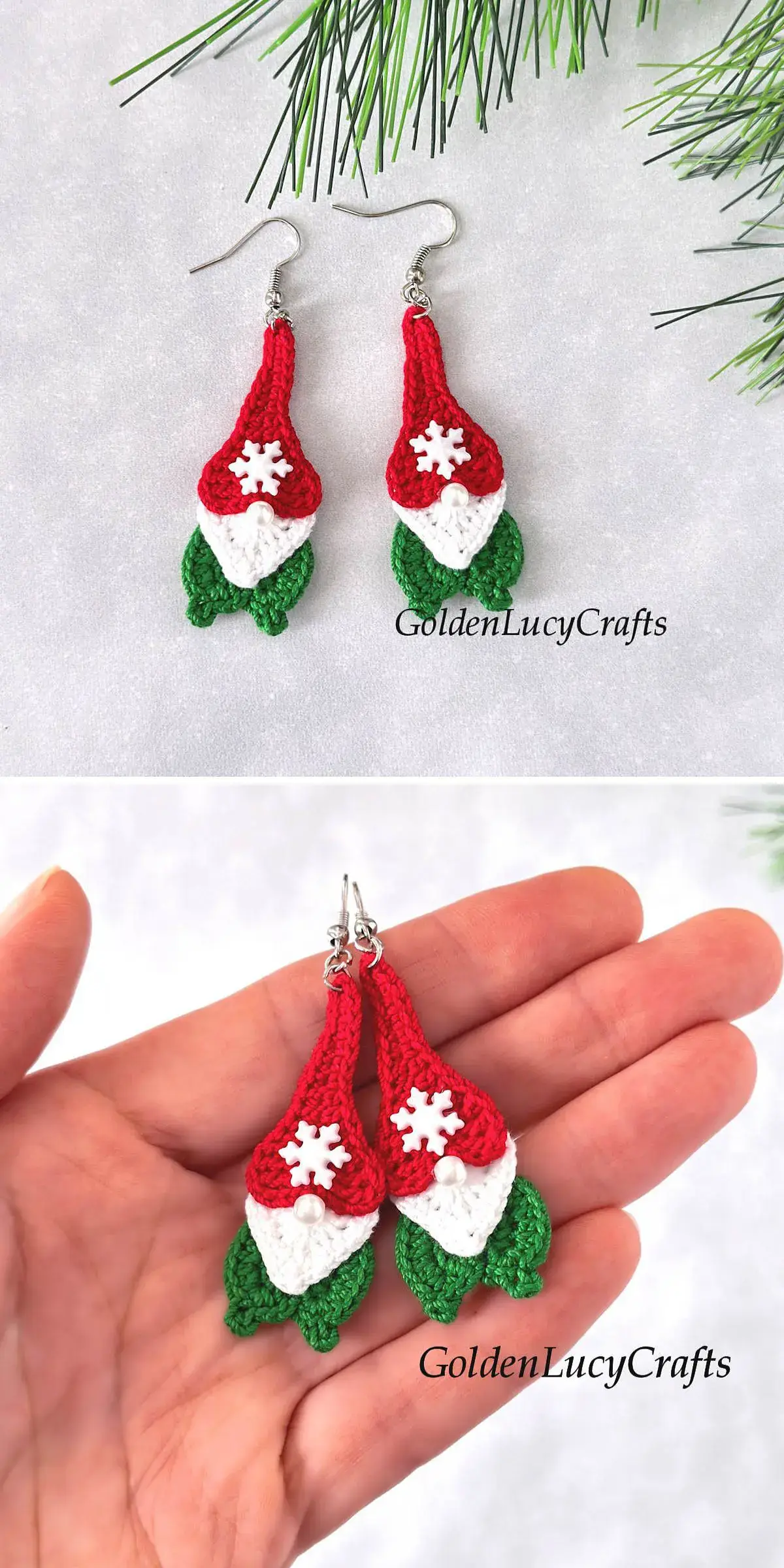 Crochet earrings shaped like Santa hats with snowflake details, featuring festive red, white, and green colors. Reminiscent of delightful crochet gnome amigurumi, they're shown hanging elegantly and held in hand.