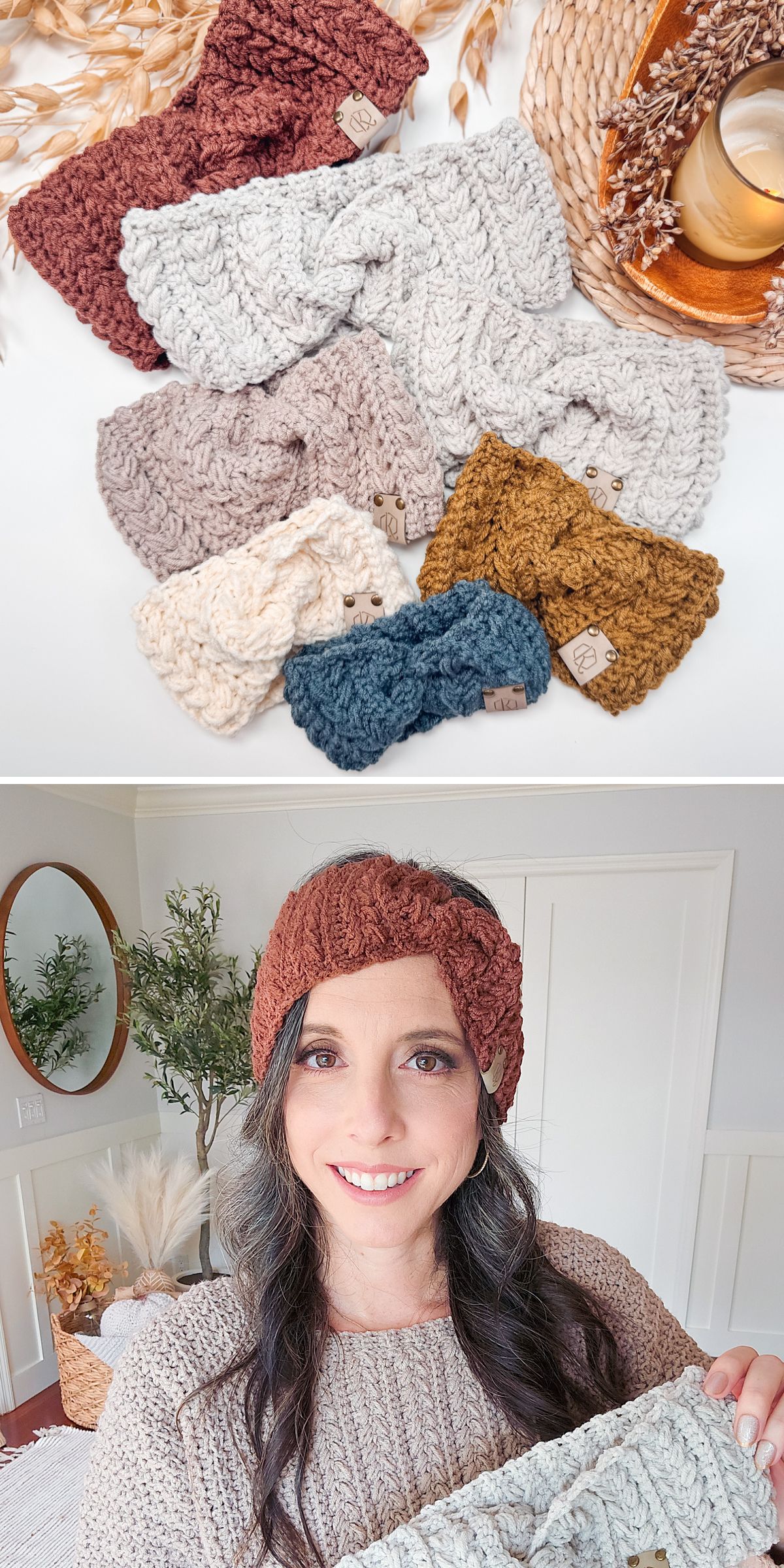 Various crocheted headbands in different colors. Below, a woman smiles while wearing a rust-colored headband in a cozy room.