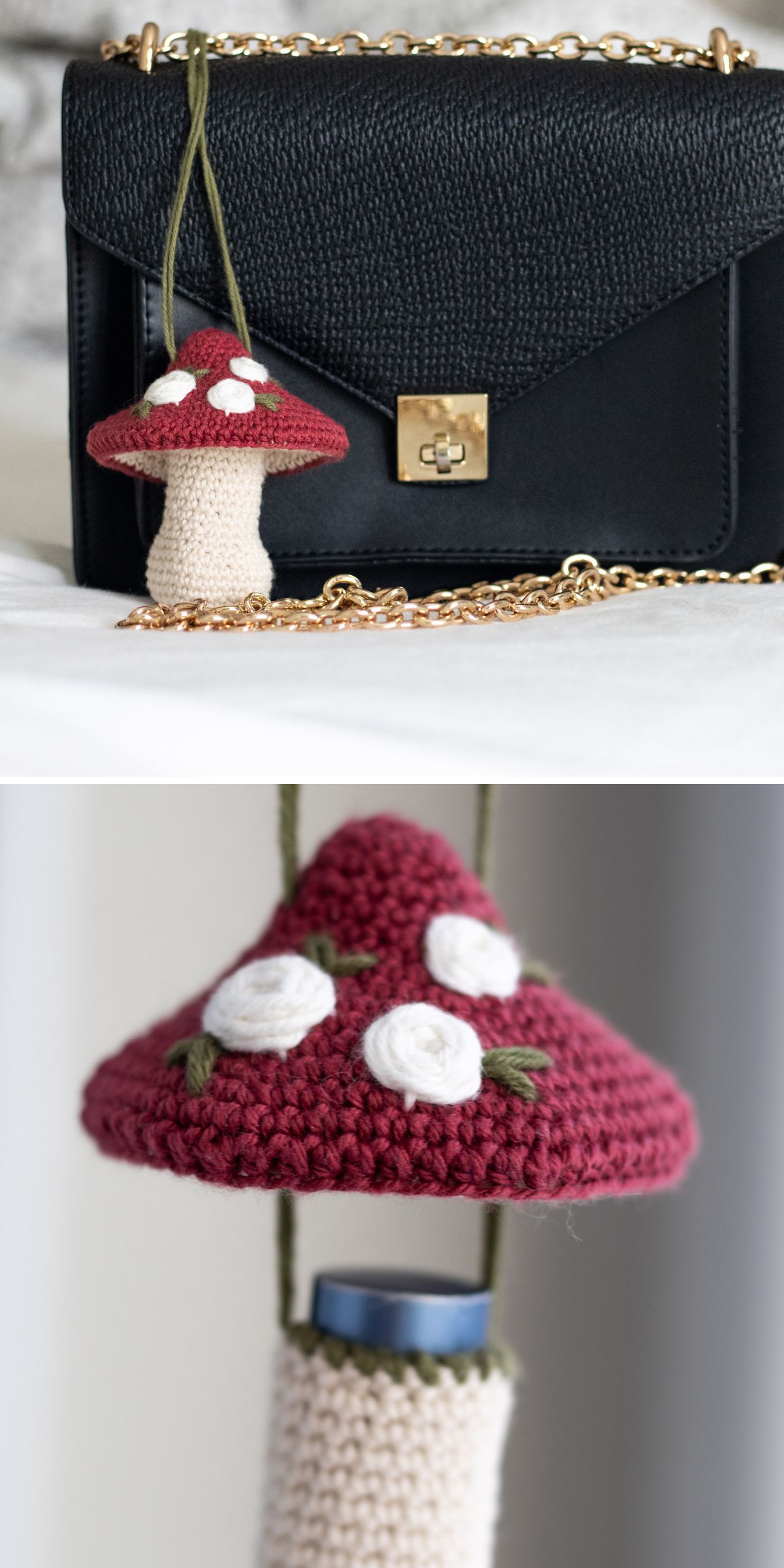 Black handbag with gold chain strap, featuring a handmade crochet mushroom keychain with a red cap and white spots. The crochet cozy patterns add an extra touch of charm and elegance, making it a standout accessory for any occasion.