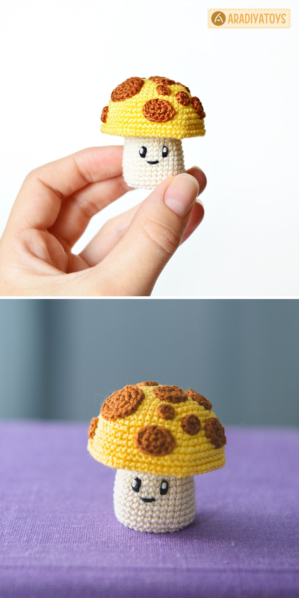 a small crochet mushroom amigurumi with a face