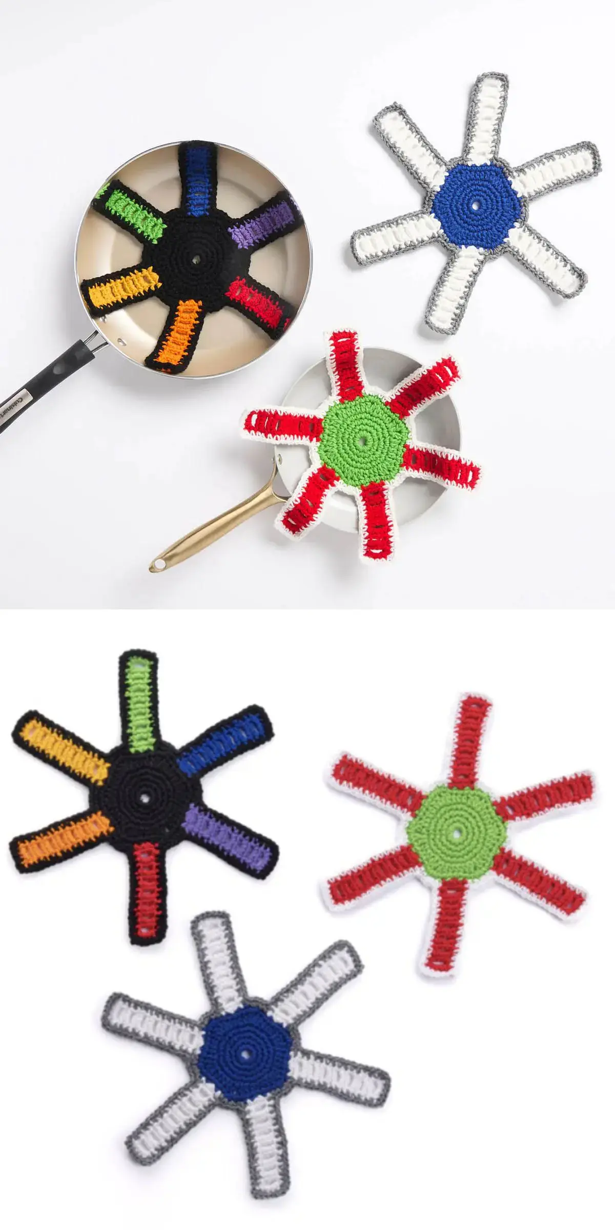 Star-shaped crochet pan protectors keep your cookware safe while adding a pop of color. Crafted with multicolored arms in black, orange, purple, green, red, blue, and gray, these cozy patterns brighten up any kitchen surface.