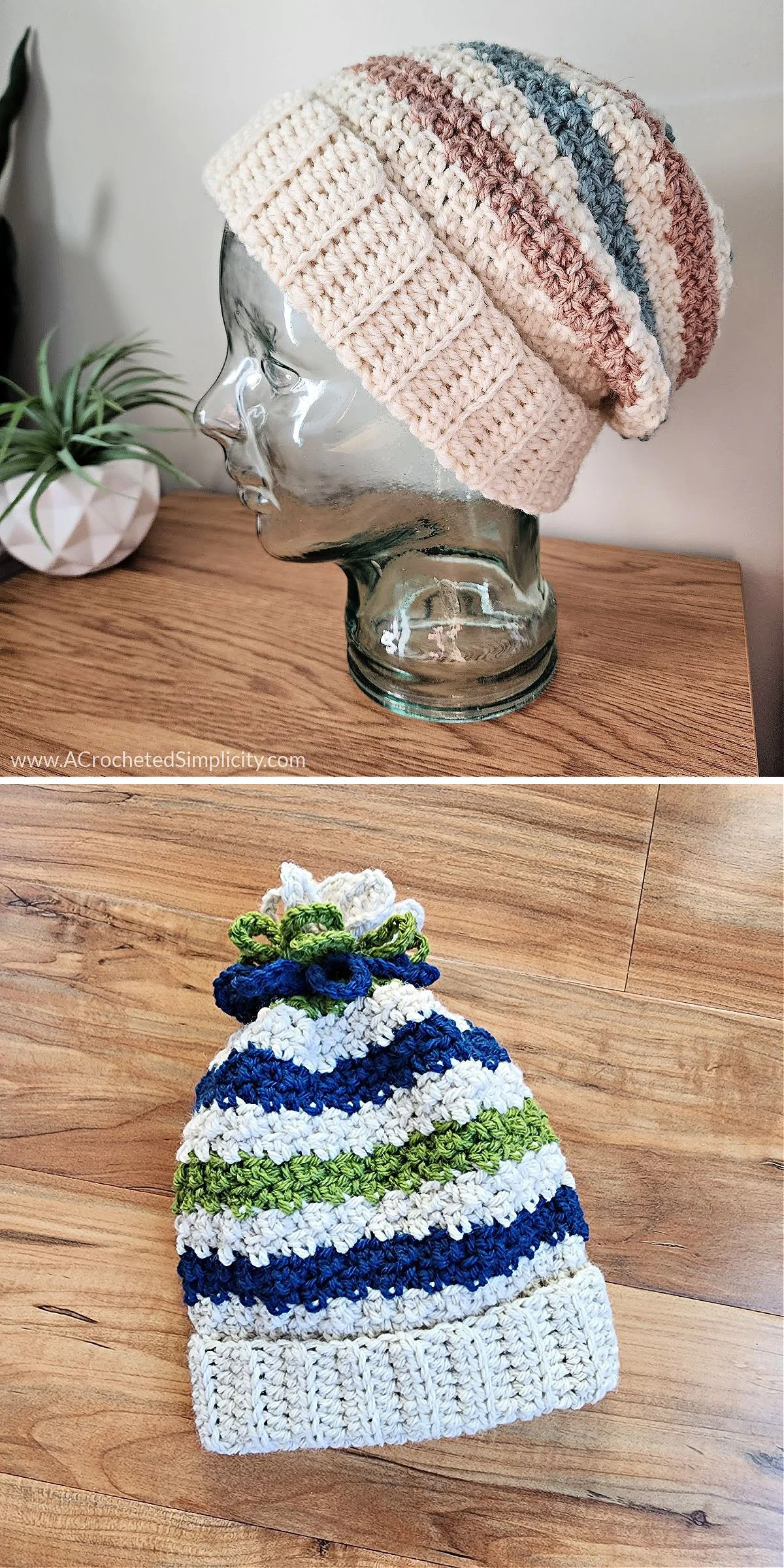 Two crochet beanies: the first is a side view of a beanie with stripes on a glass head; the second is a drawstring hat with green, blue, and white stripes resting on a wooden surface.