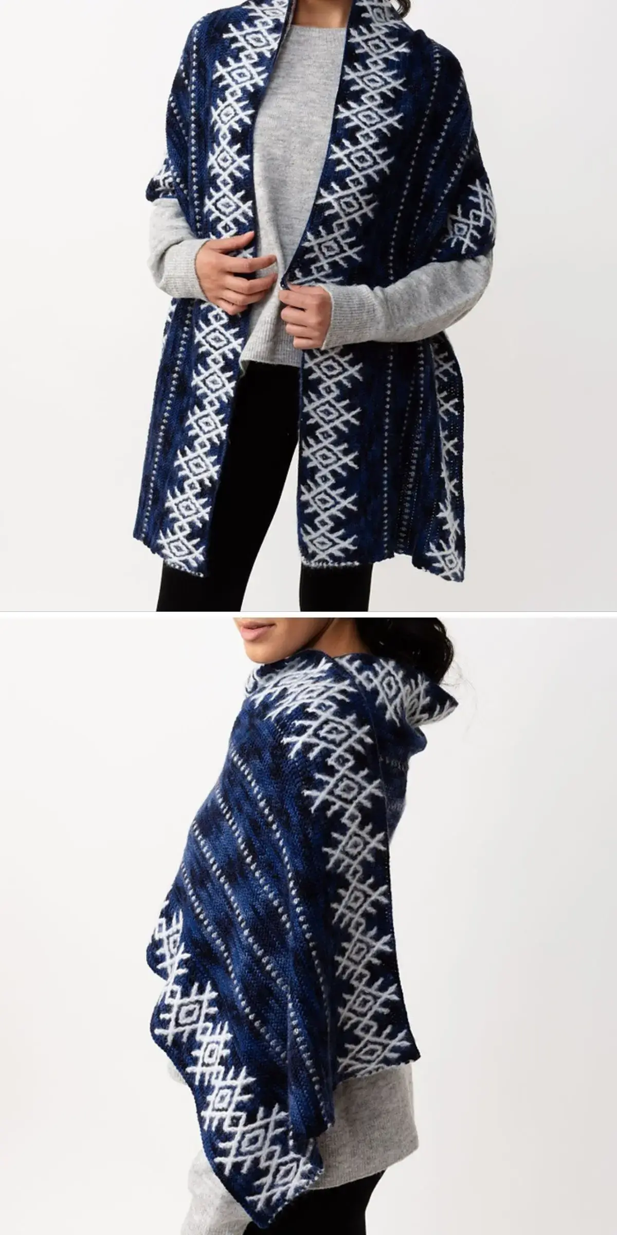 Person elegantly draped in a blue and white patterned shawl over a gray sweater, reminiscent of artisanal crochet wraps, shown from the front and side.