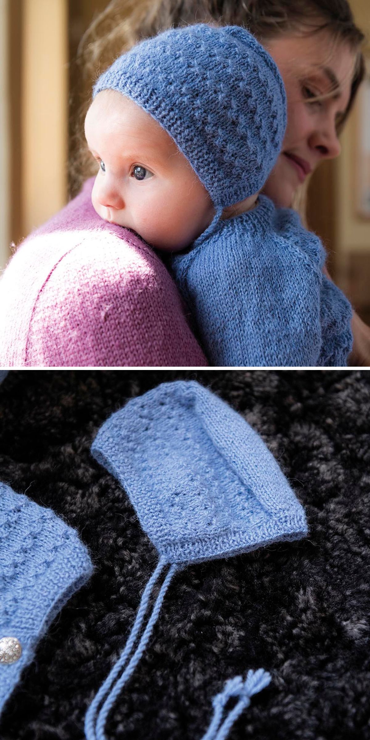 a baby wearing a blue knitted bonnet