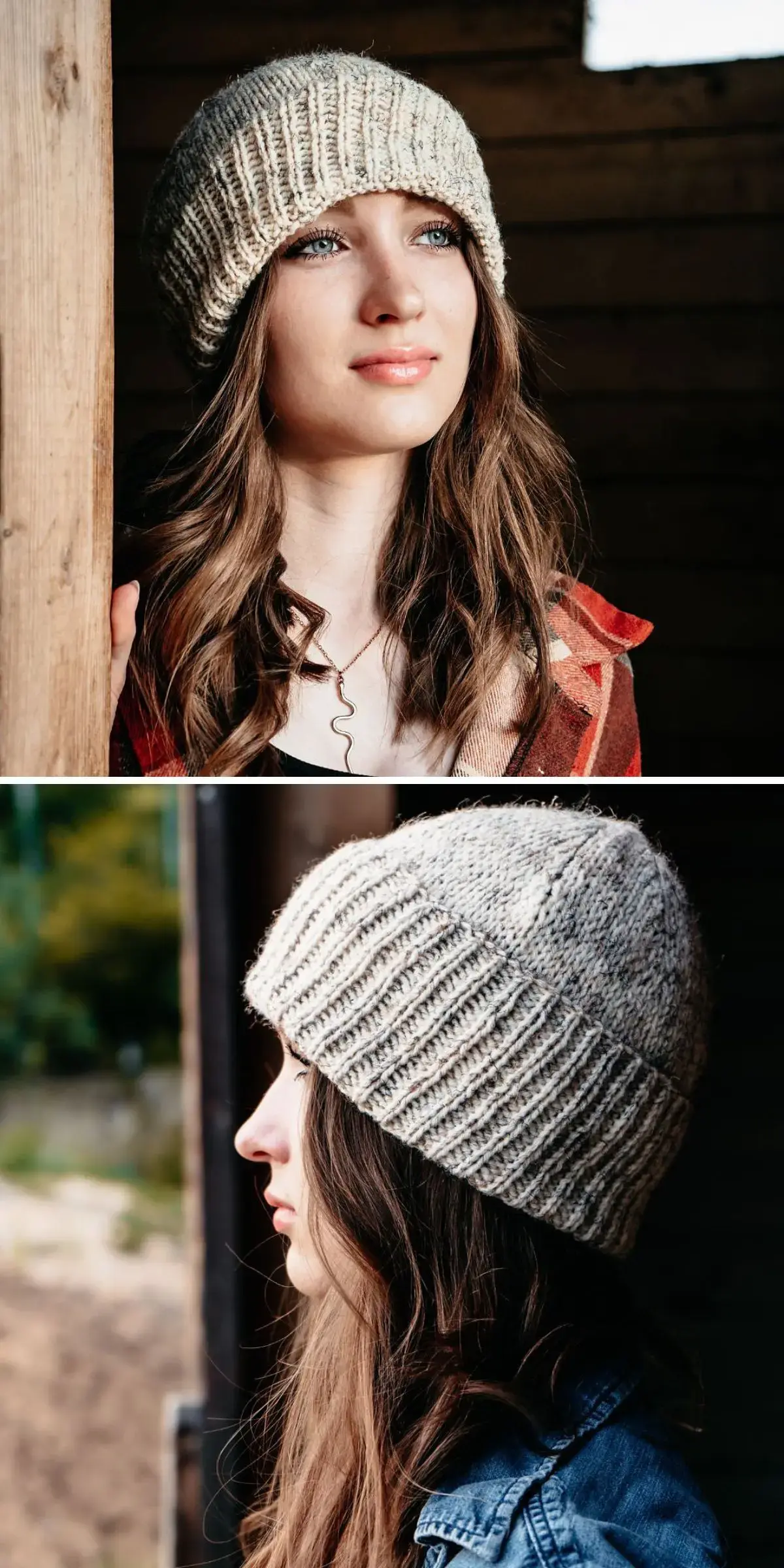 Two images showcase a person in a knit hat, gazing outside. In the top image, they face forward, leaning against a wooden surface. The bottom image captures their profile view, highlighting the cozy texture of the knitted accessory.