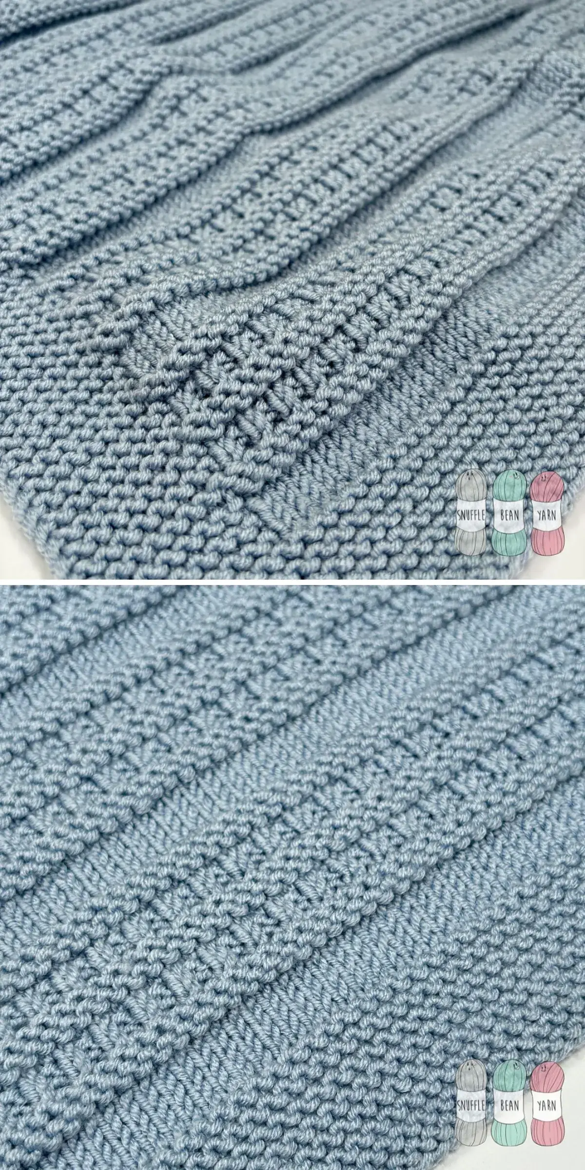 Close-up of a textured blue knit fabric, reminiscent of cozy knitted blankets, featuring various stitch patterns.