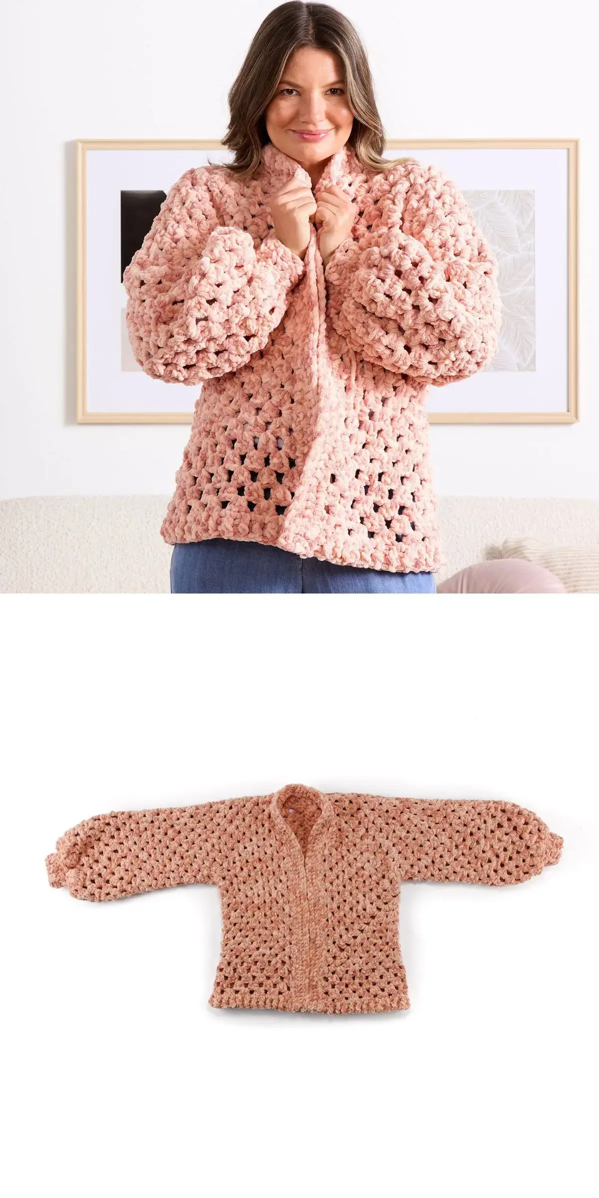 A woman poses stylishly in a pink, chunky crochet cardigan with the same cozy piece displayed elegantly on a white background.