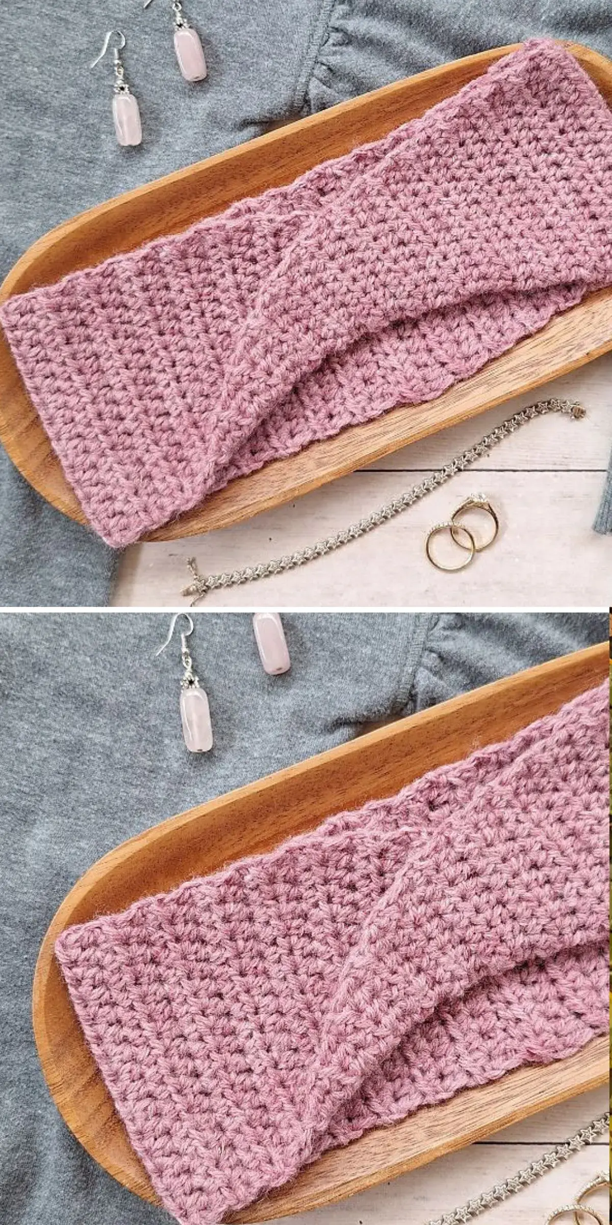 Two images of a pink crochet headband on a wooden tray, alongside a gray cloth, earrings, and bracelets.
