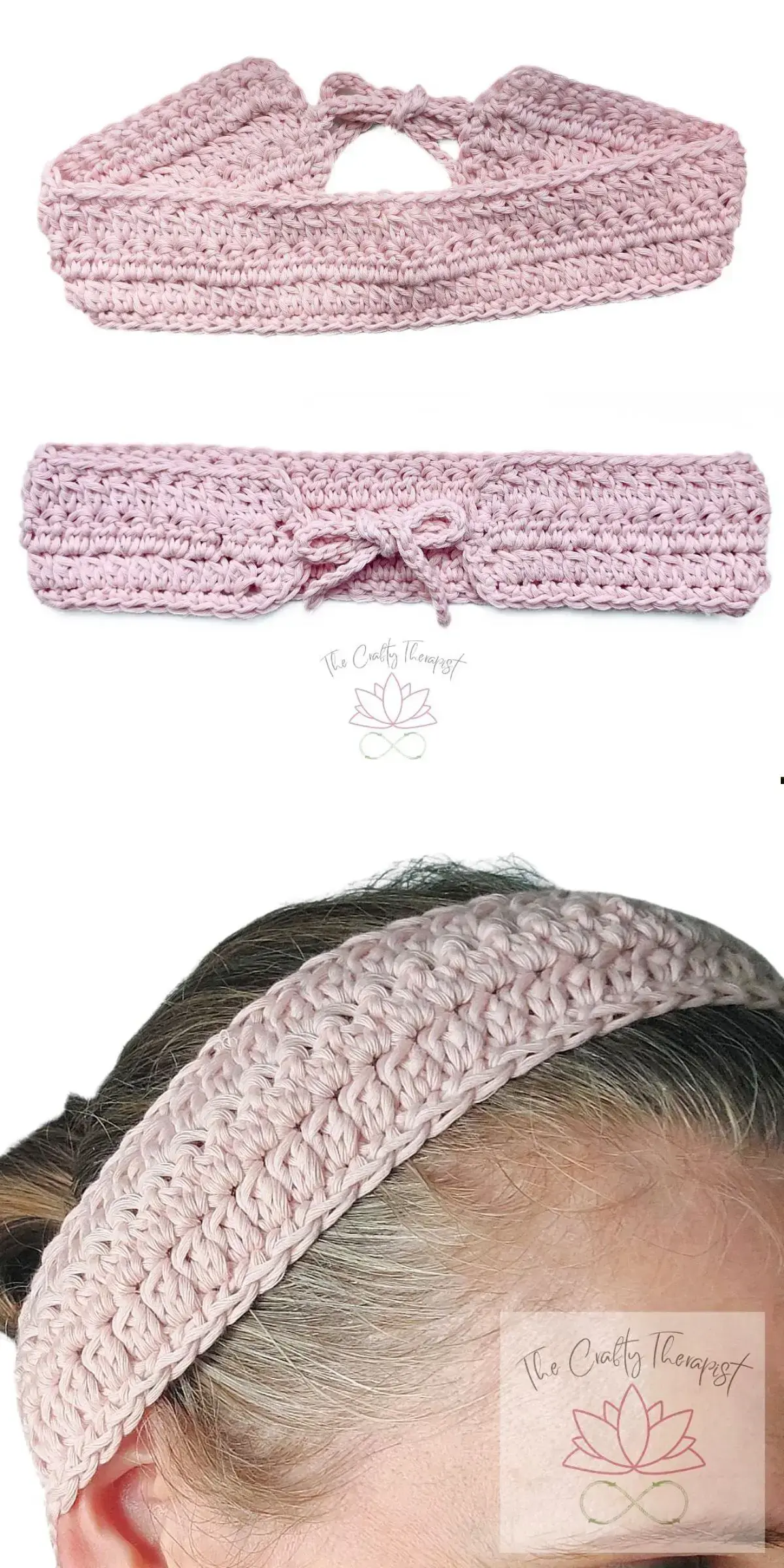 A pink crochet headband is showcased in two views: laid flat and worn on a person's head. 