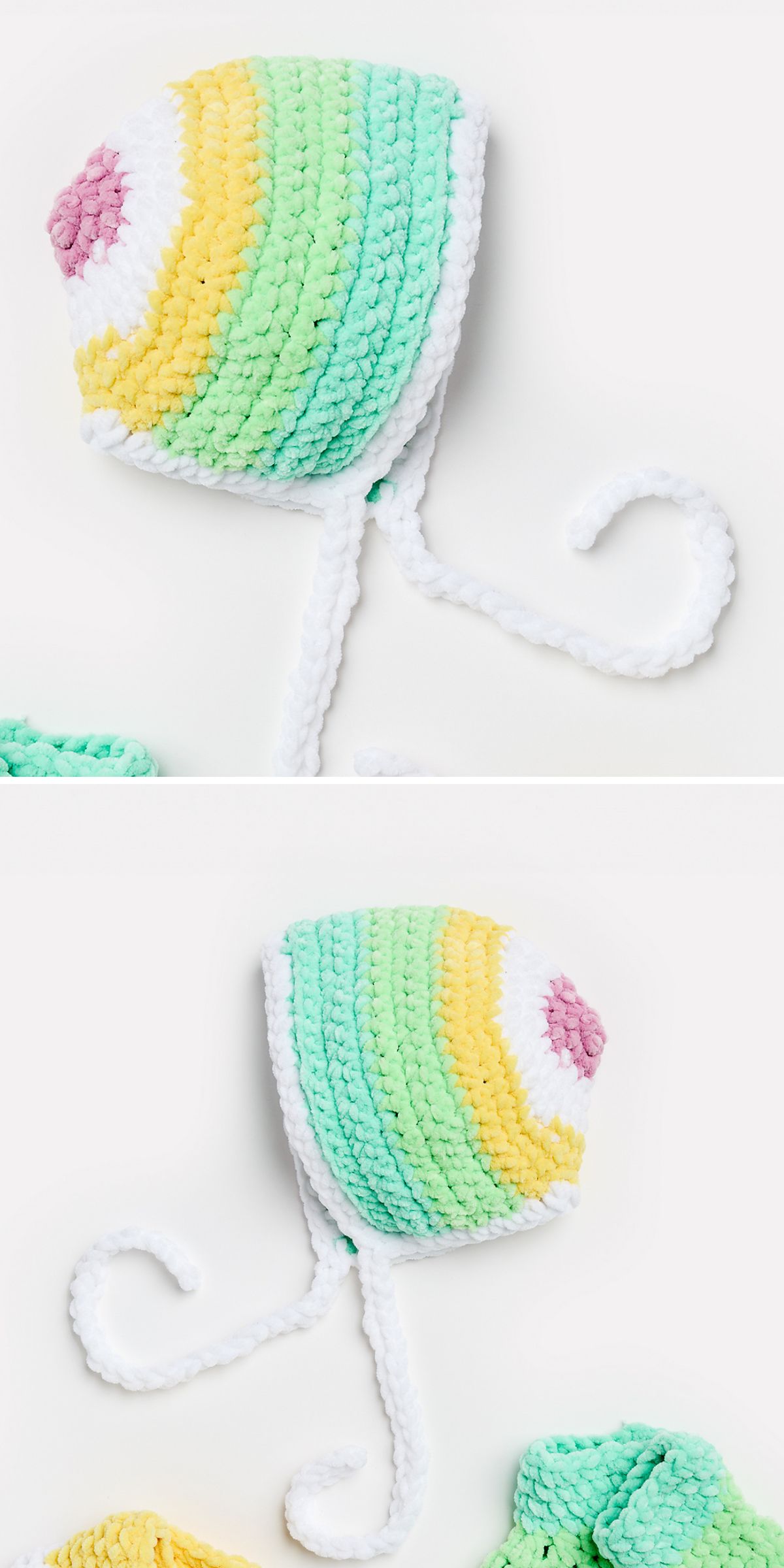 crochet baby bonnet and booties made with soft chenille yarn in rainbow pastel colors