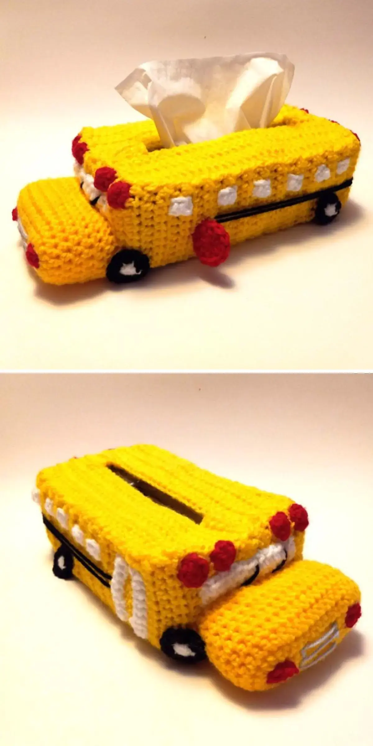 This delightful crocheted yellow school bus tissue box cover boasts red lights and white wheel details.