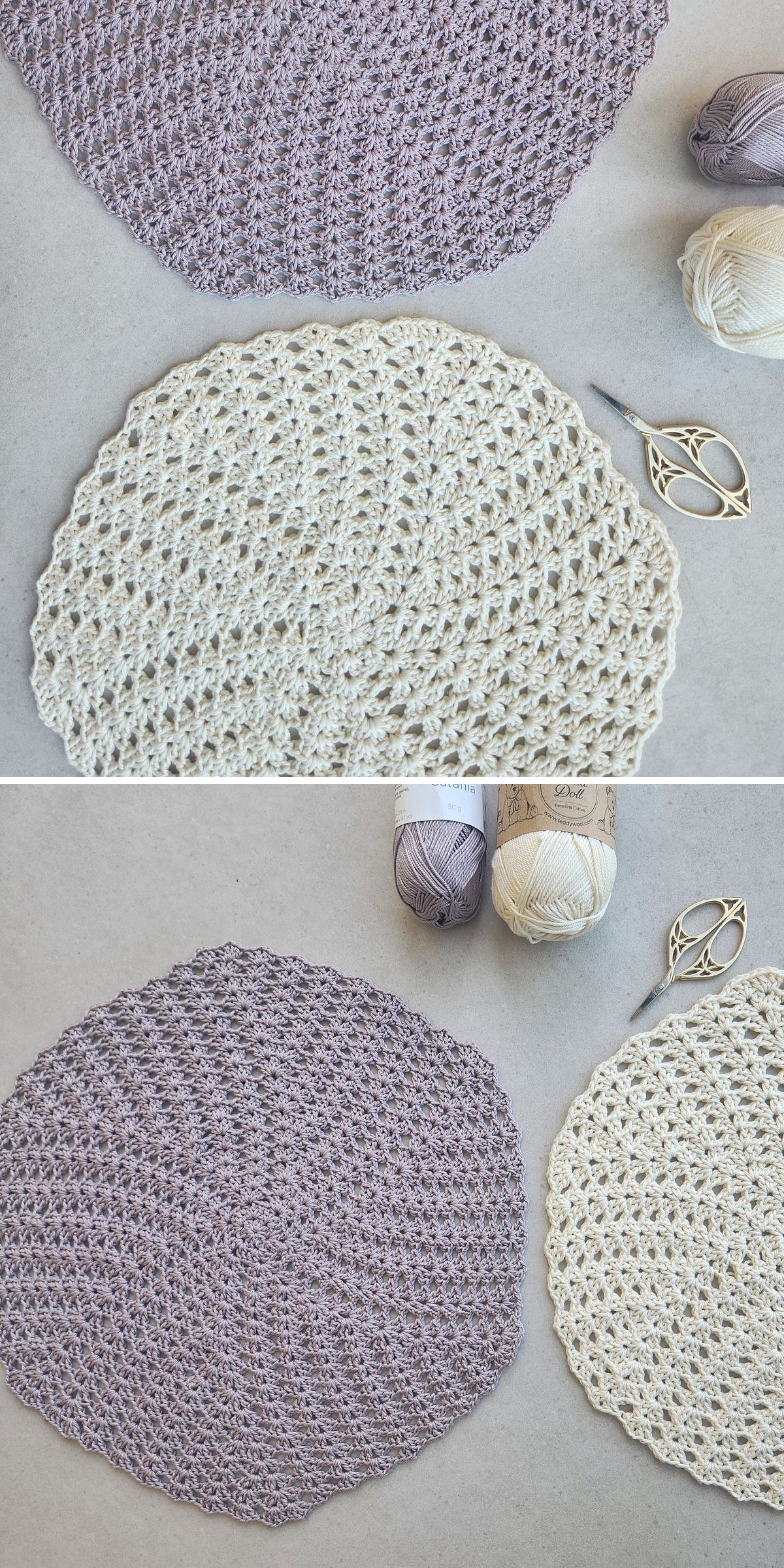 two lace crochet doilies in violet and white