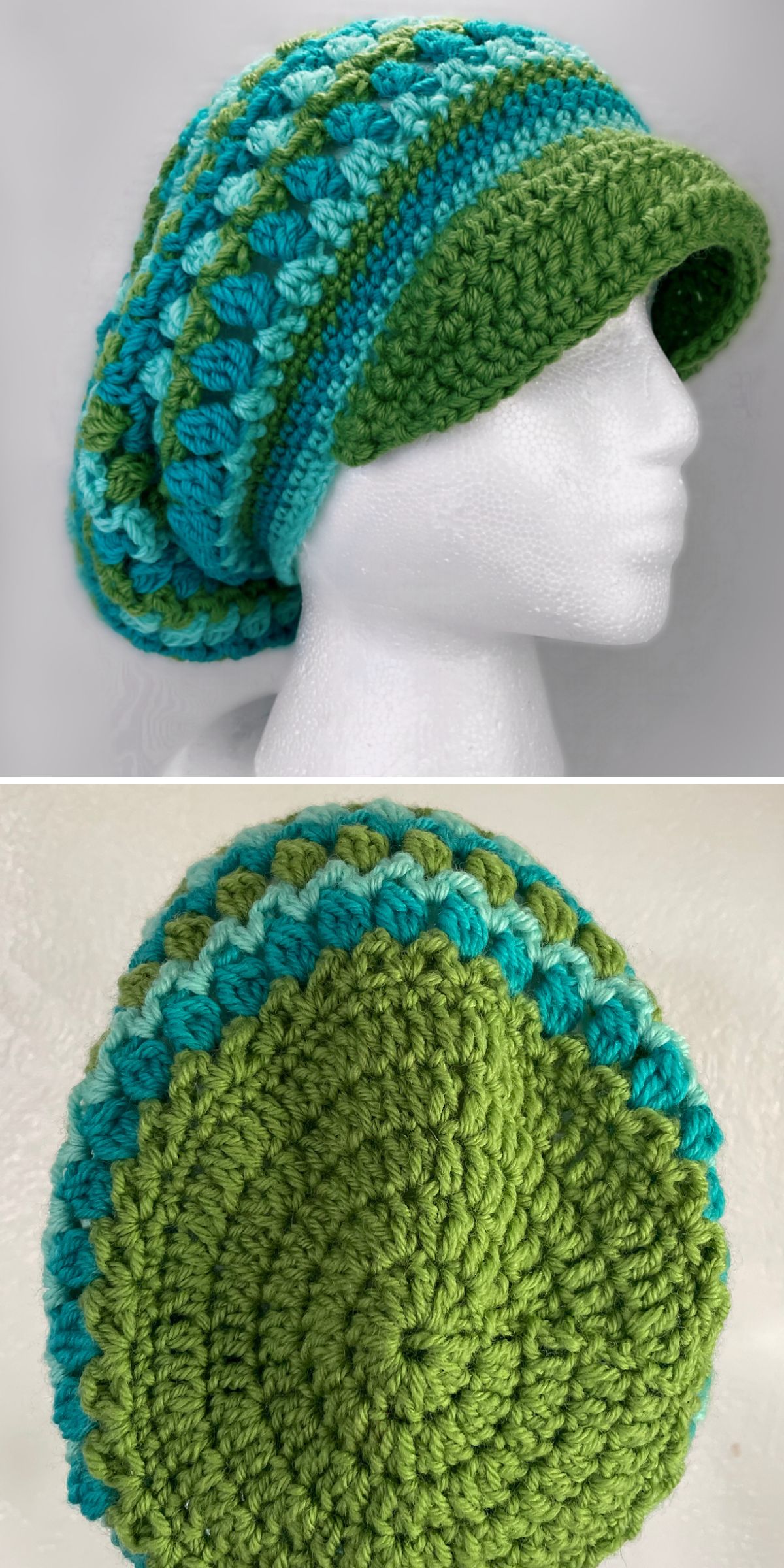 Displayed on a mannequin, this crocheted green and blue slouchy hat with a brim showcases the cozy charm that crochet beanies are known for, offering a view from above to highlight its playful patterns.