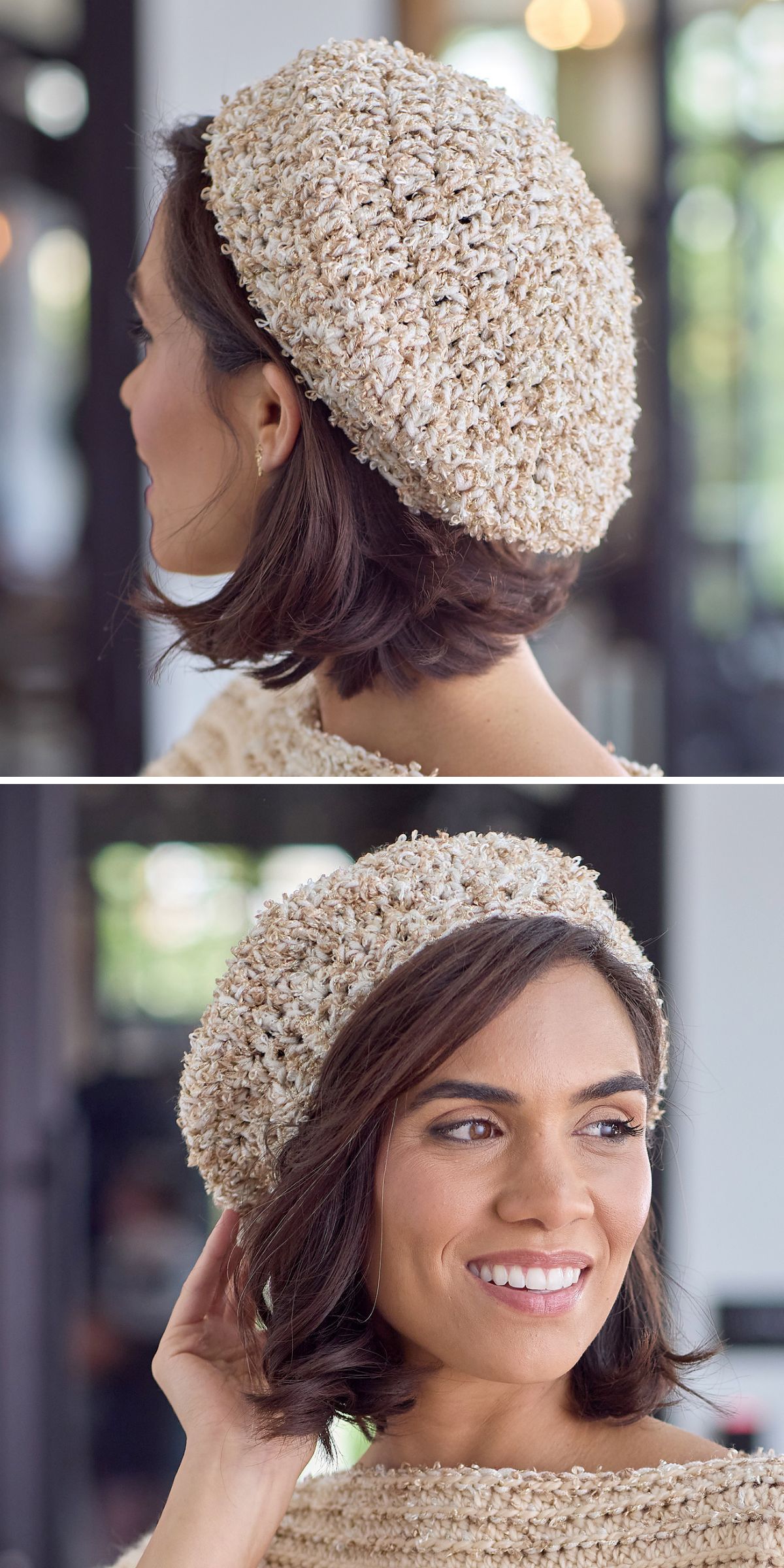 a woman wearing a crochet beret in a warm color