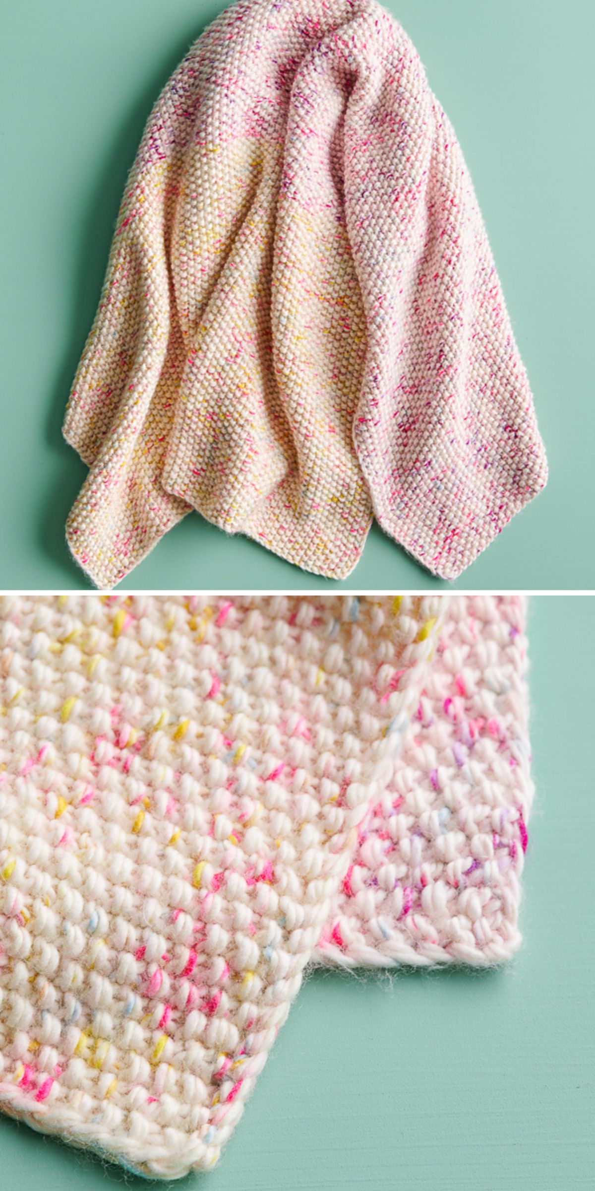 Two images feature knitted blankets in pastel pink, white, and yellow tones draped over a surface. The close-up highlights their textured pattern.