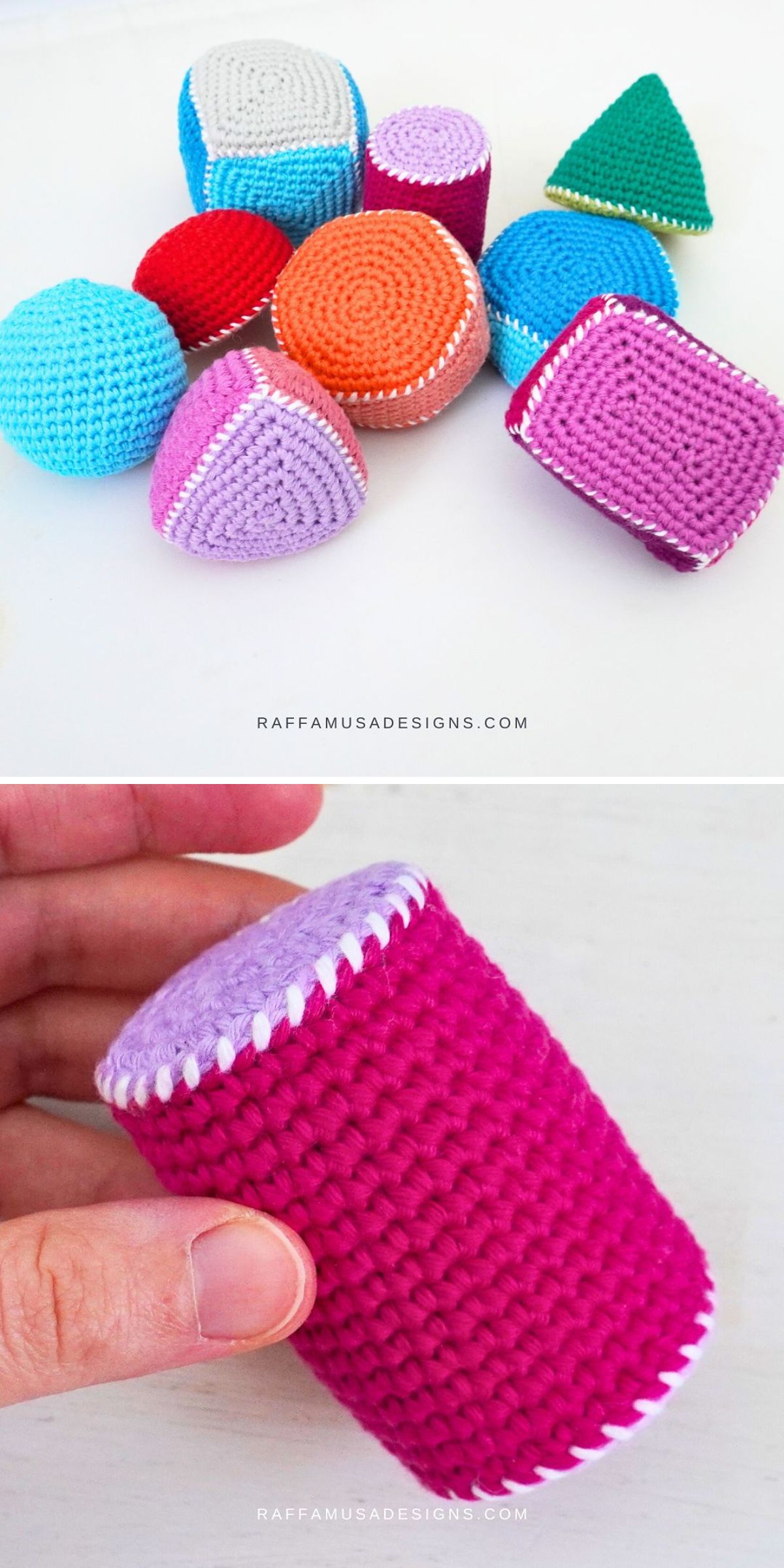 colorful crocheted geometric toys for kids