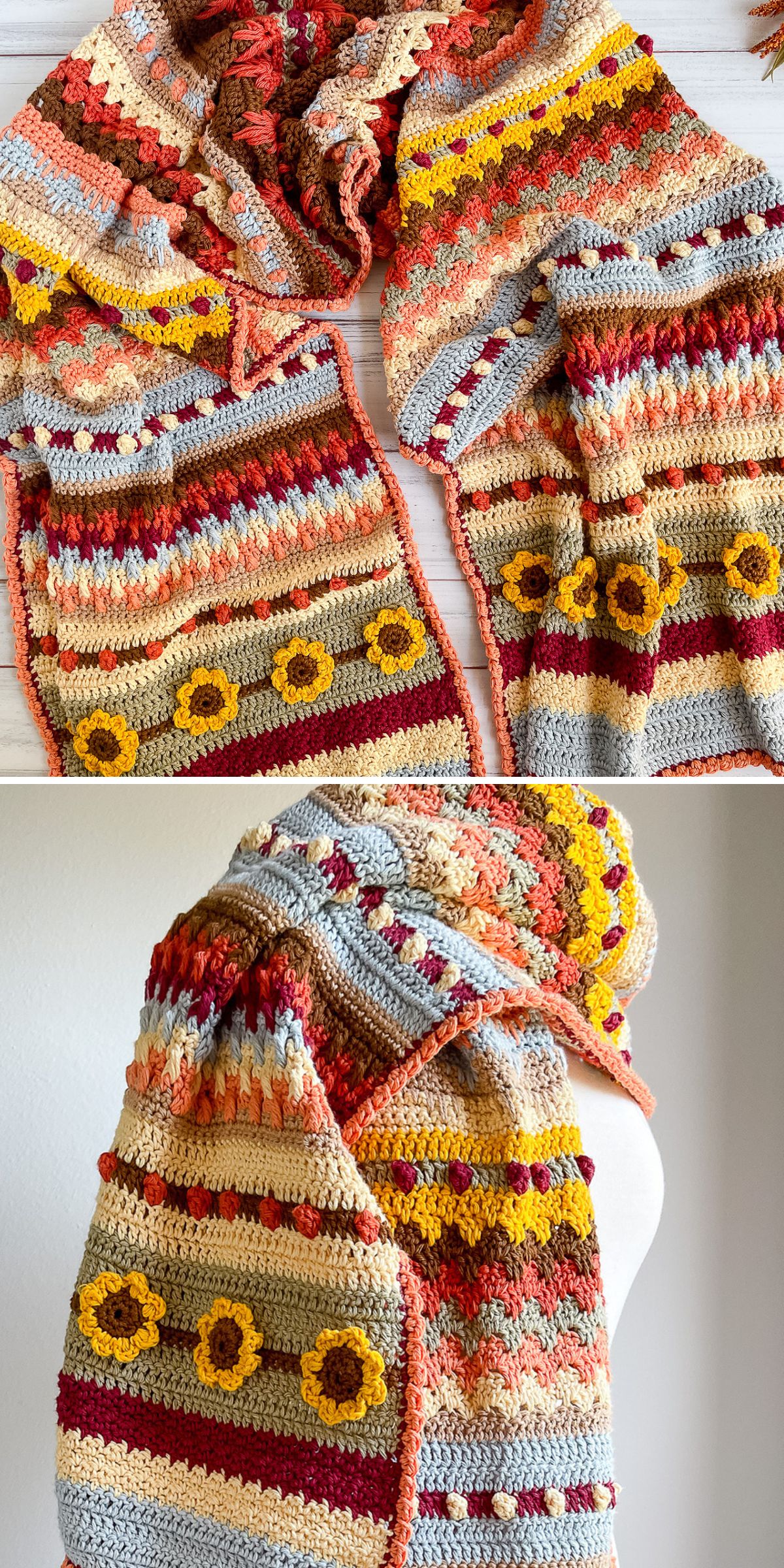 This crocheted scarf beautifully doubles as a versatile crochet wrap, adorned with colorful stripes and delicate flower patterns. It showcases a diverse range of stitches and a harmonious blend of warm and cool tones.