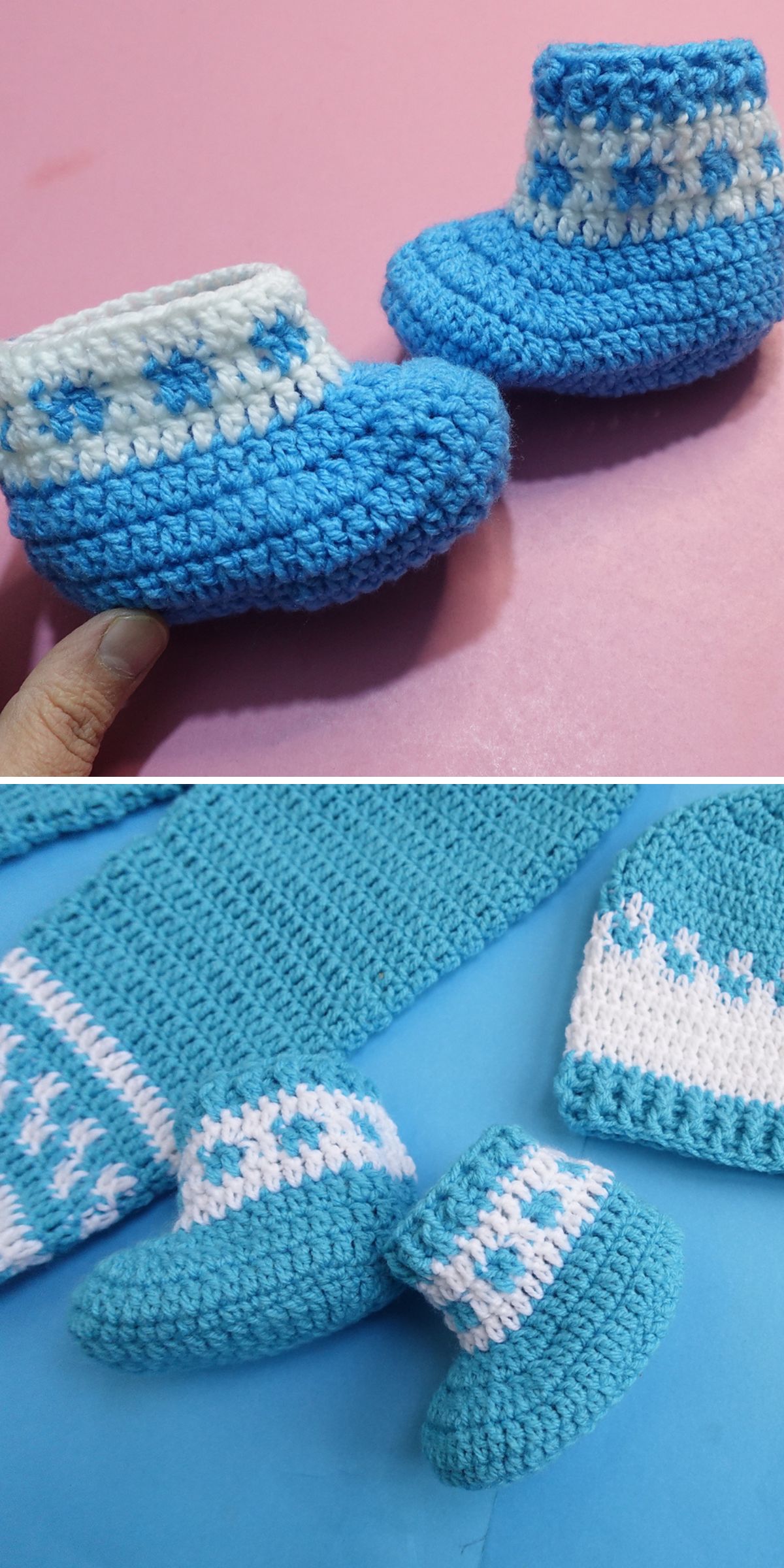 Adorable crochet baby booties in blue and white rest on a pink and blue backdrop, with a gentle finger holding one bootie in the top image.