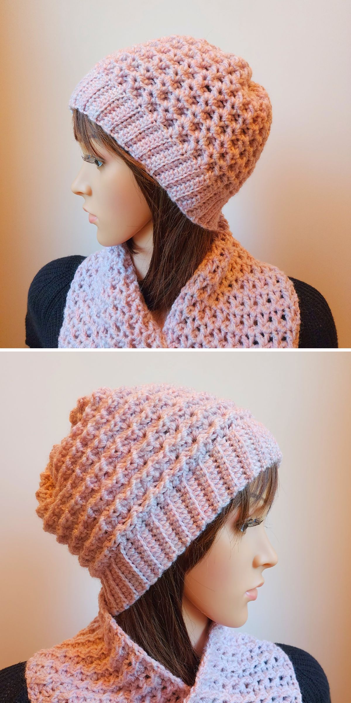 A mannequin wearing a textured pink crochet beanie and scarf against a neutral background. The hat features a waffle-like pattern.