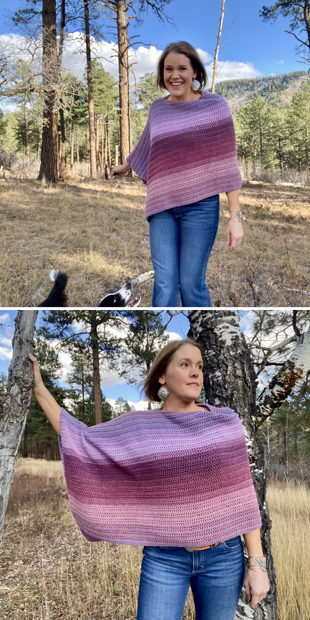 a woman wearing a stylish crochet poncho in purple and pink colors