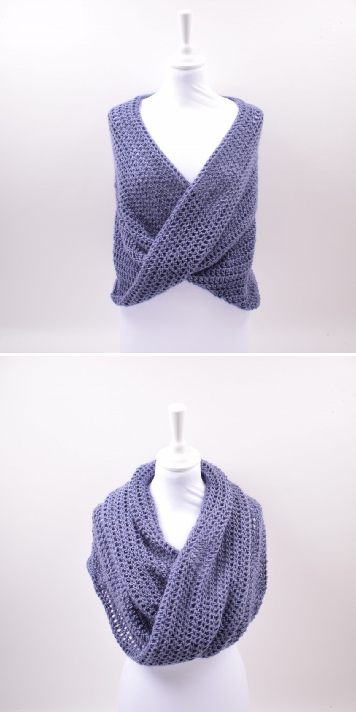Mannequin showcases a blue knitted wrap vest styled in two chic ways: crisscrossed at the front and elegantly draped over the shoulders, reminiscent of classic crochet wraps.