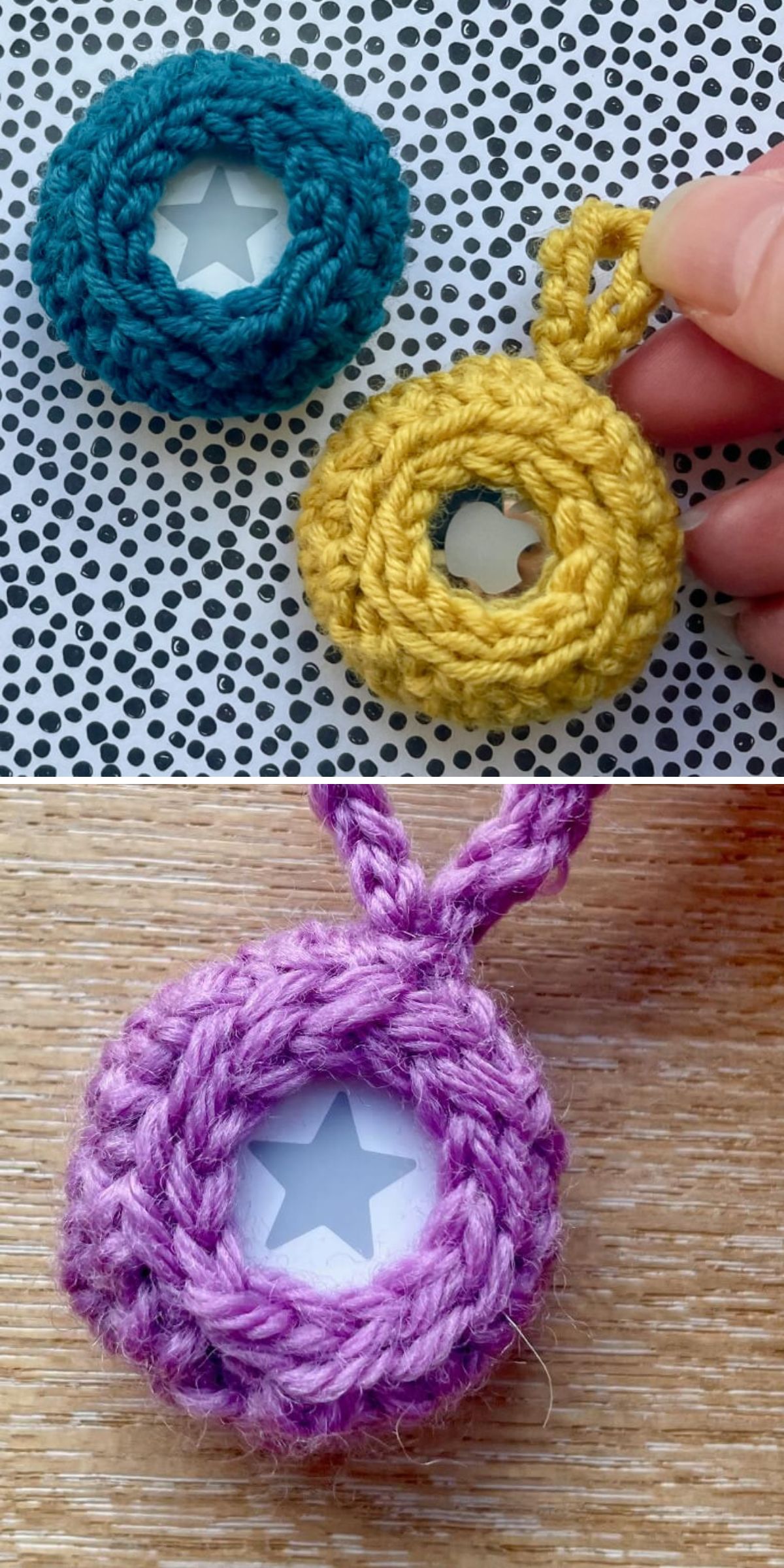 Crocheted round keychains with star-shaped centers in teal, yellow, and purple are displayed on crochet cozy patterns backgrounds.