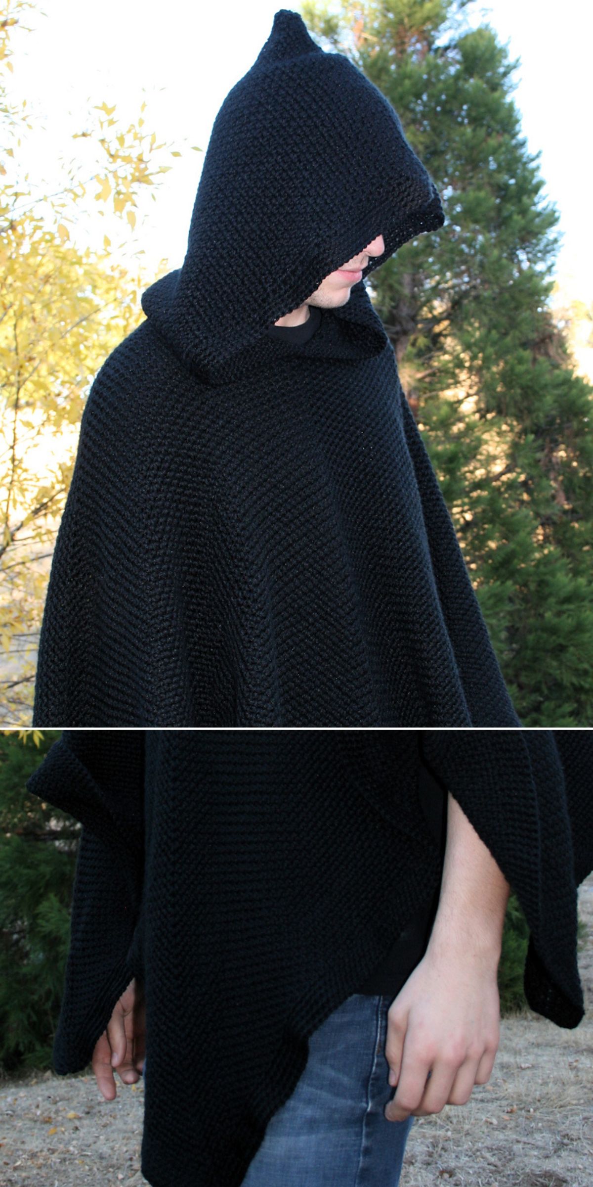 a man wearing a black crochet hooded poncho