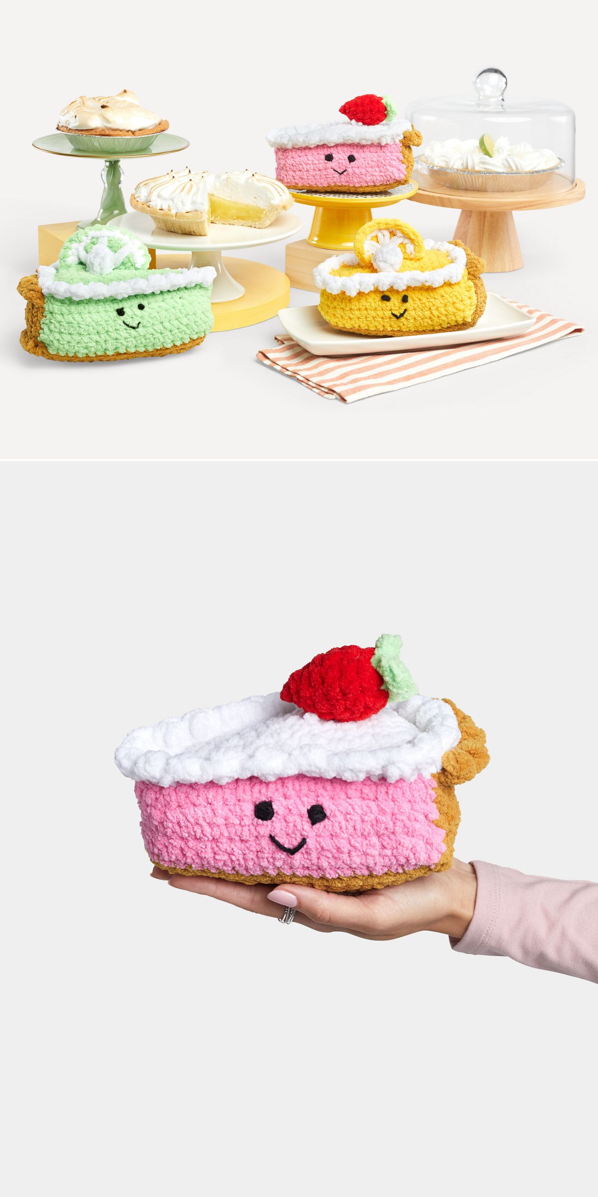 a set of crochet cake slices with smiling faces