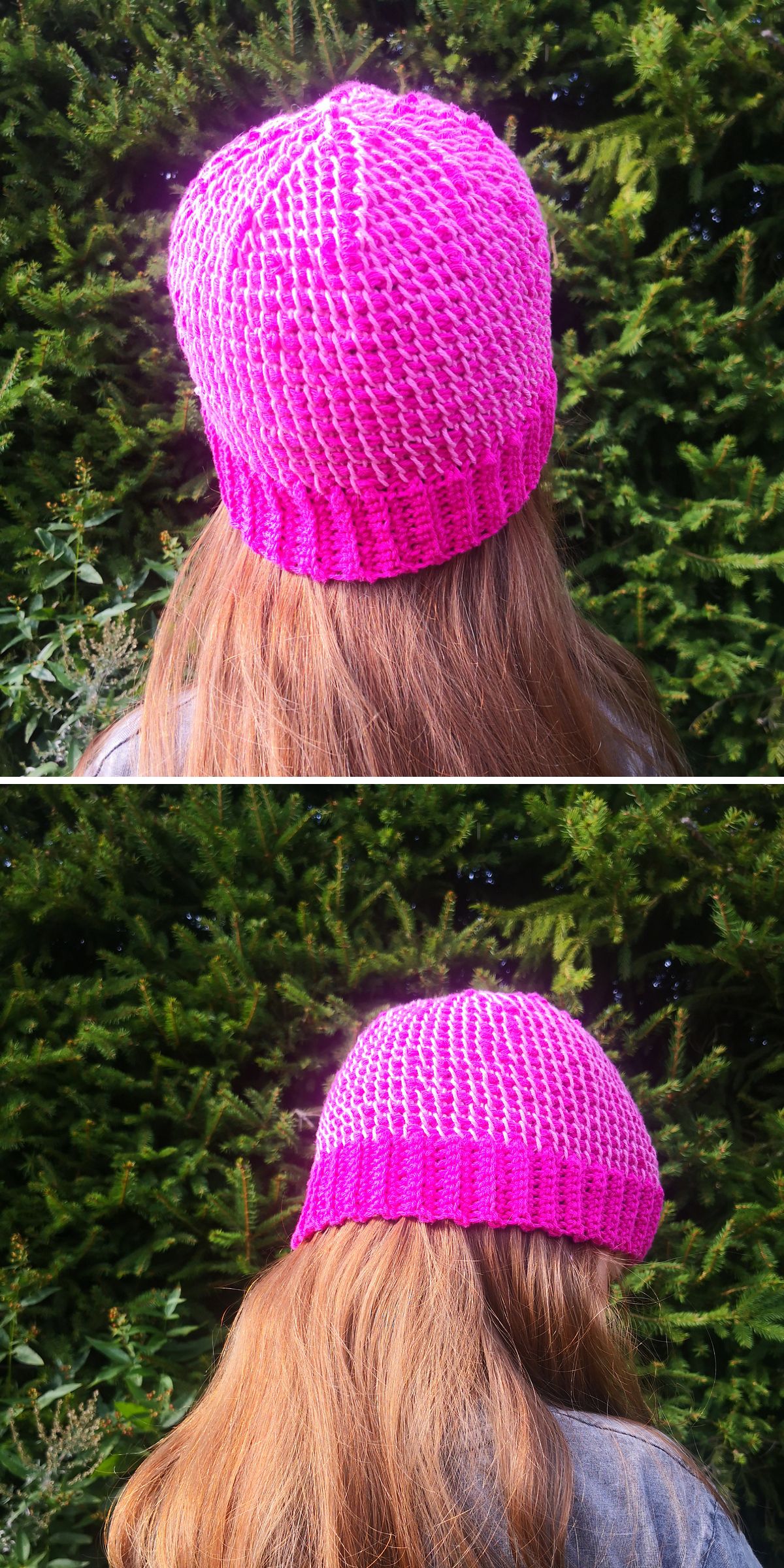 A person wearing a pink crochet beanie stands in front of green foliage, seen from behind.