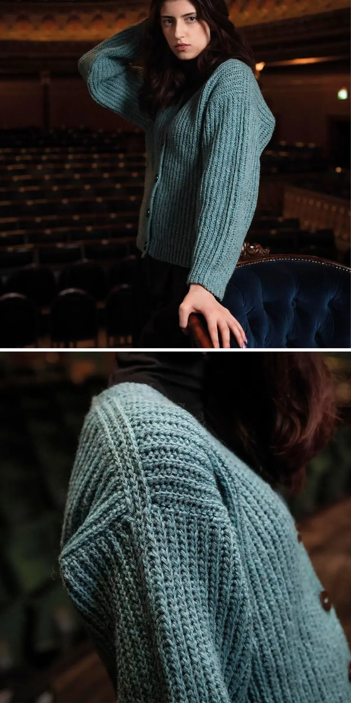 In a dimly lit room with rows of empty seats, a person wears a teal crochet cardigan.