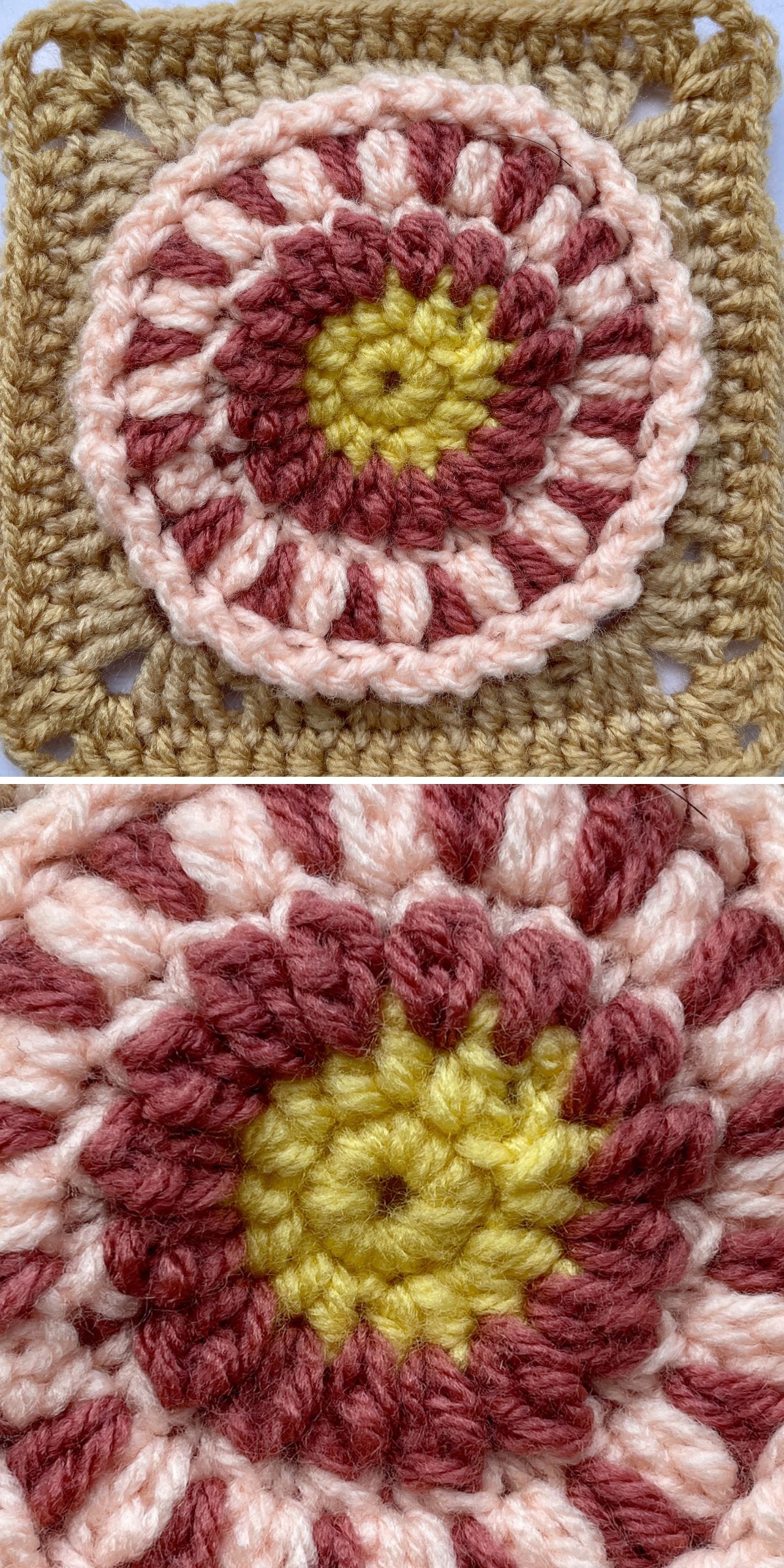 Close-up of a crocheted Granny Square Blanket featuring a central yellow circle surrounded by pink, red, and brown concentric rings, all framed by a tan border.