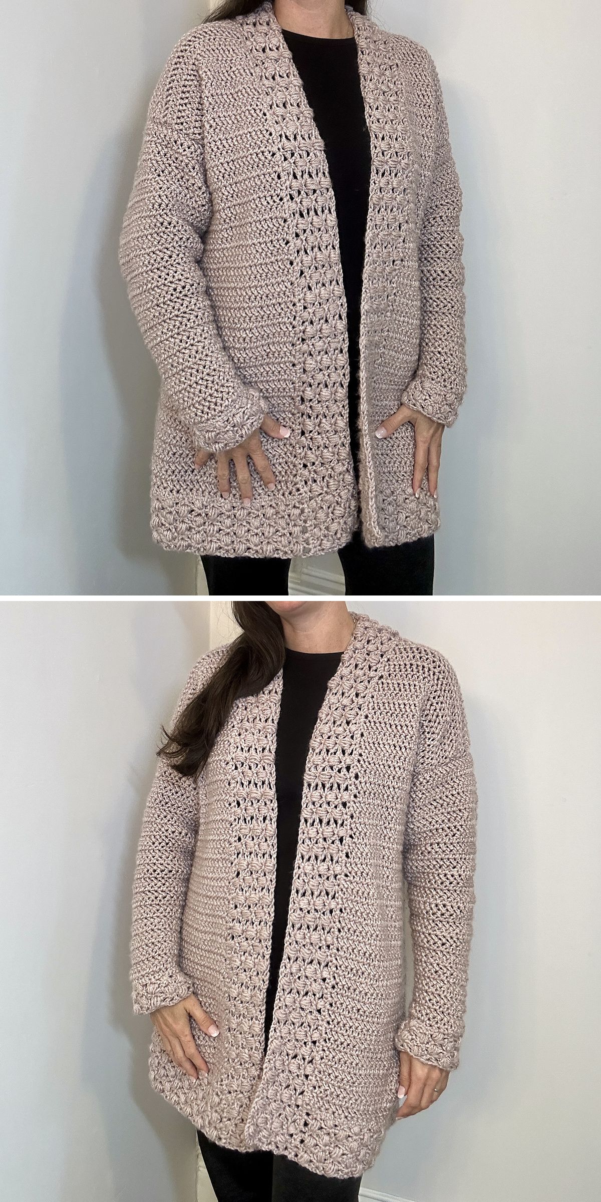 a long open-front crochet cardigan