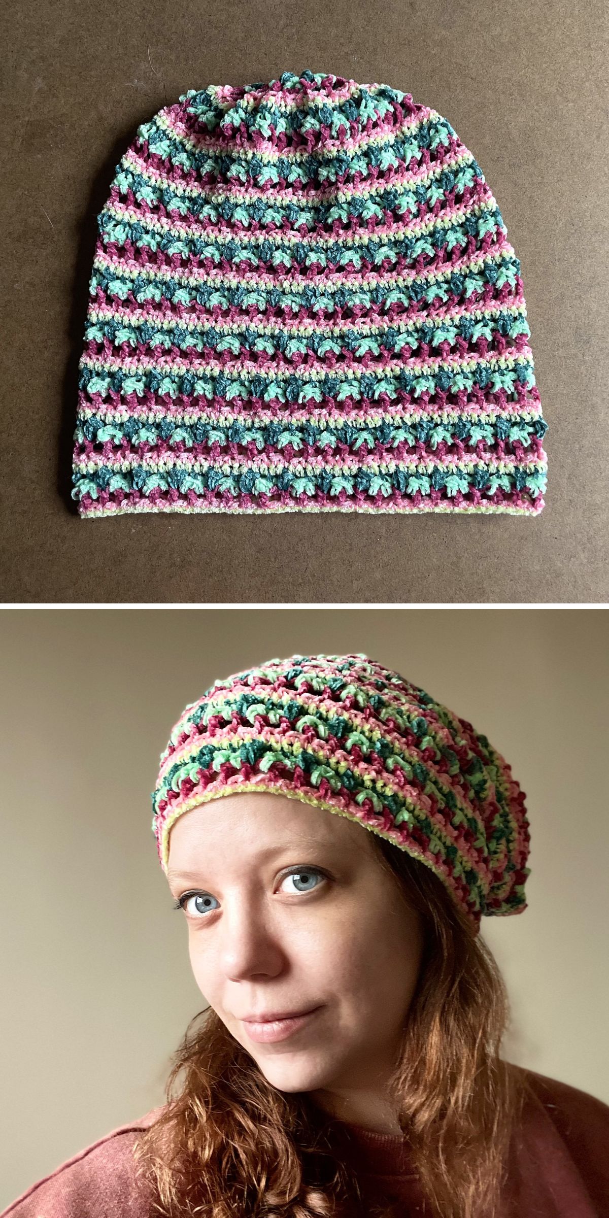 A close-up showcases a crochet beanie adorned with multicolored stripes, elegantly worn by a woman with brown hair.