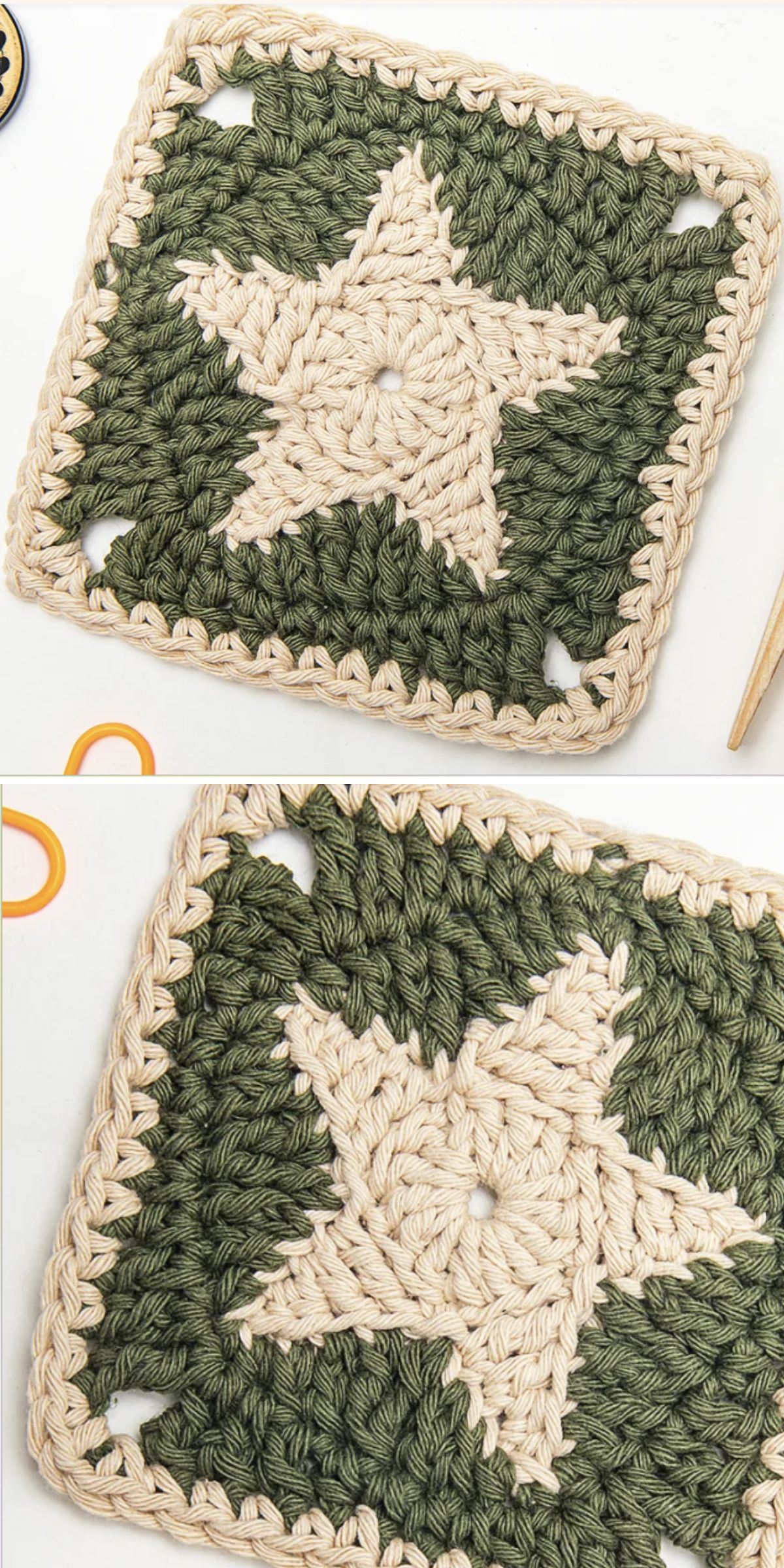 Two images of crochet afghan squares showcase a central beige star pattern beautifully set against a green background. Nearby, a crochet hook and scissors eagerly await the next creative touch.