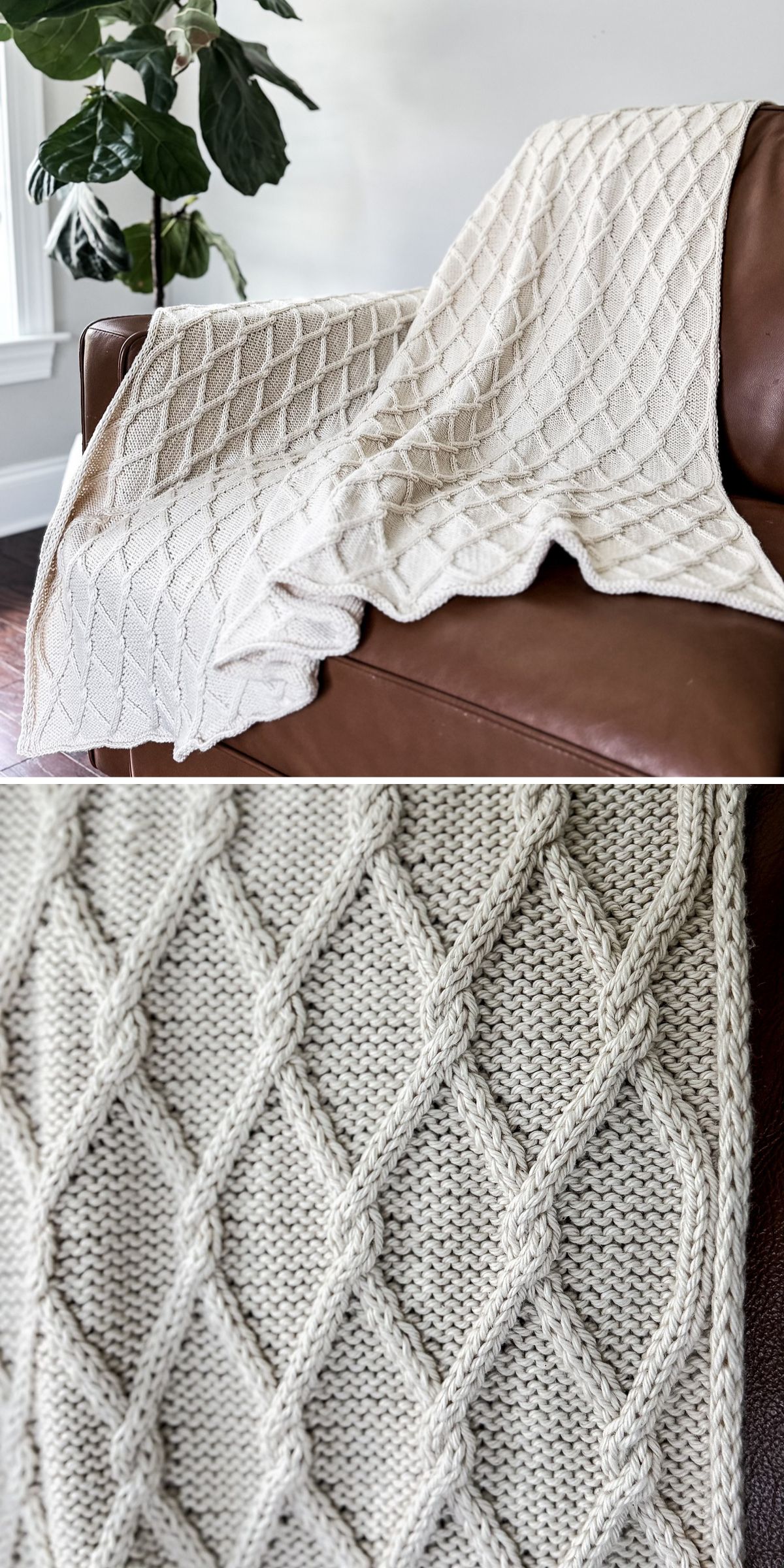 A cozy white knitted blanket with a diamond pattern is draped over a brown leather chair, highlighting its intricate texture. In the background, a leafy plant adds a touch of nature to the scene, seamlessly blending comfort and elegance.