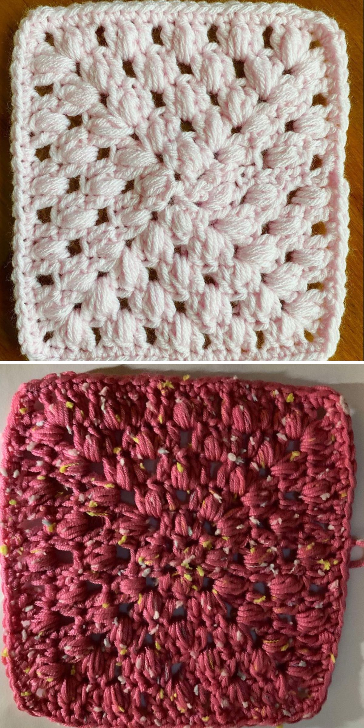 Two crochet afghan squares: the top is white with a lacy design, while the bottom is pink with a textured pattern.