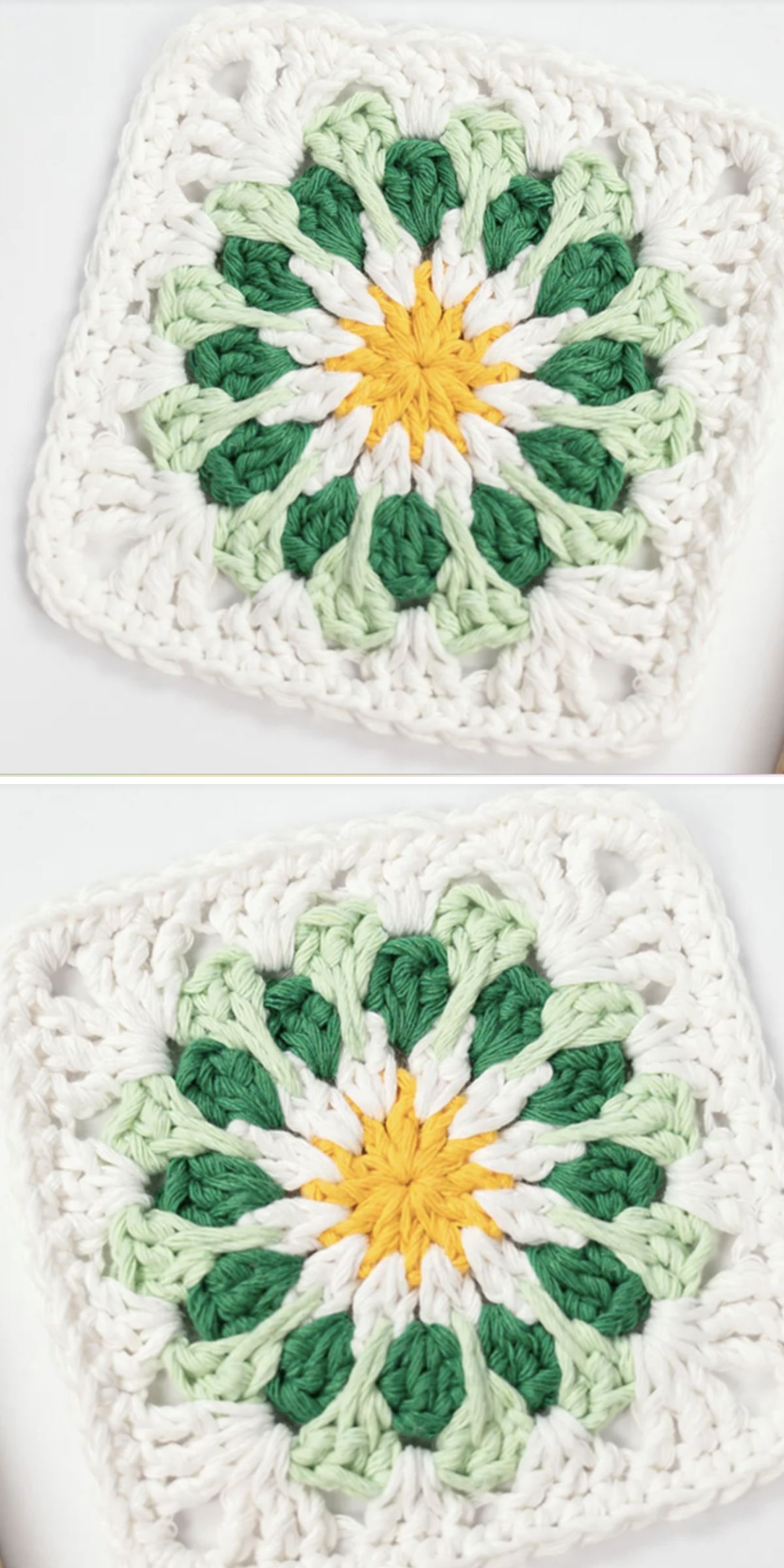 This crochet square showcases a charming floral pattern with green petals, a vibrant yellow center, and a delicate white border, making it a delightful addition to any collection of crochet squares.