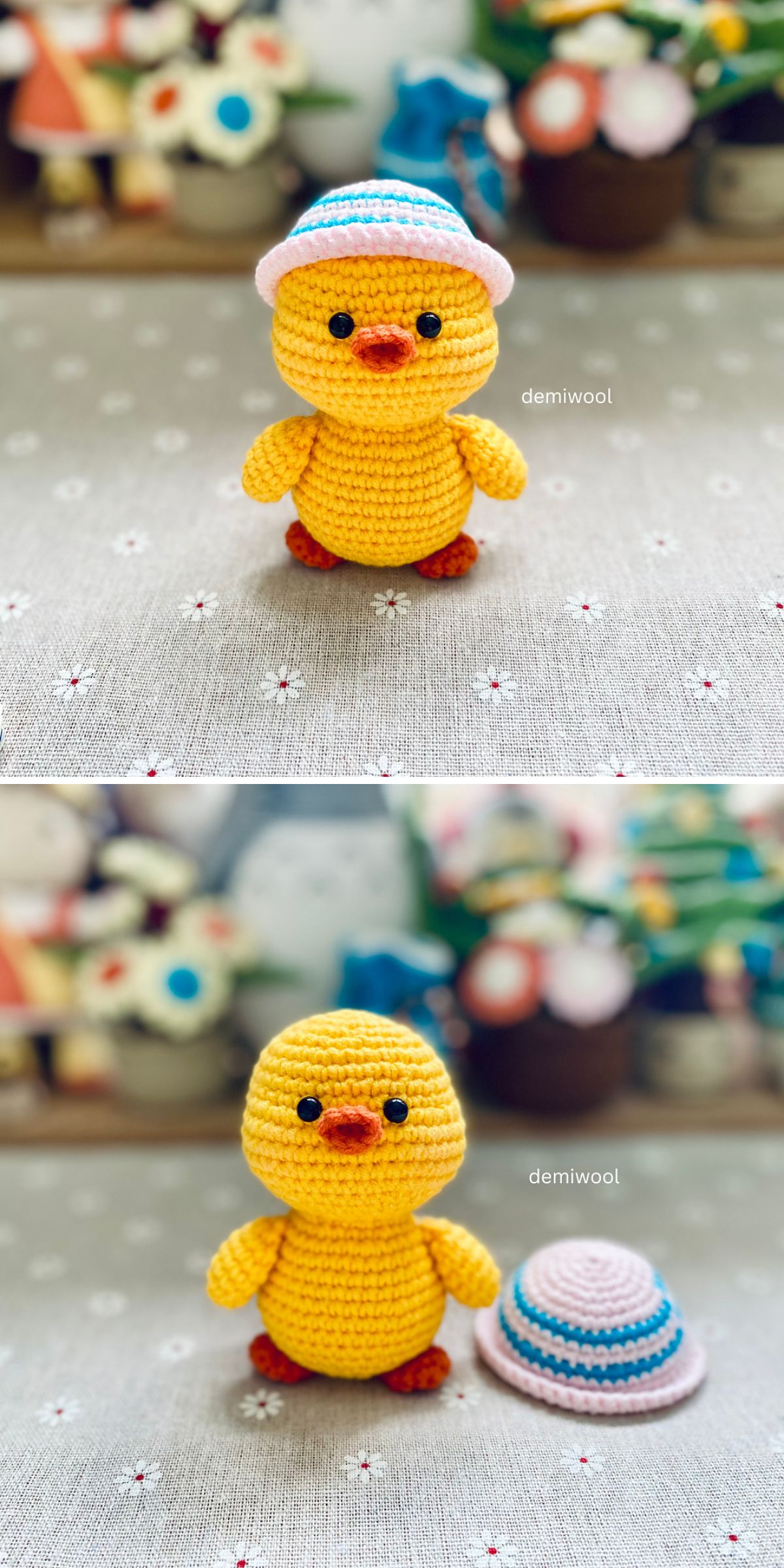A crocheted yellow duckling dons a removable striped hat, perched charmingly on a floral-patterned surface. In the background, blurred crochet items hint at an array of crochet duck patterns.