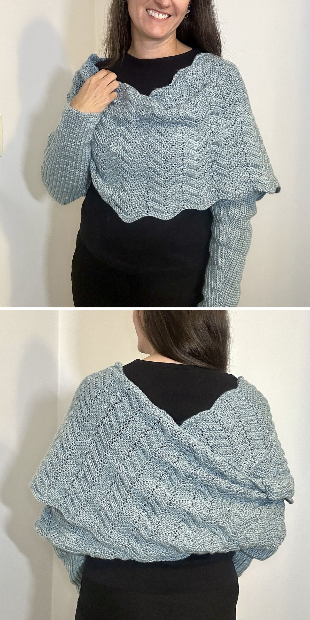 A woman is elegantly adorned in a light blue crocheted wrap over a black shirt, showcased from the front and back.