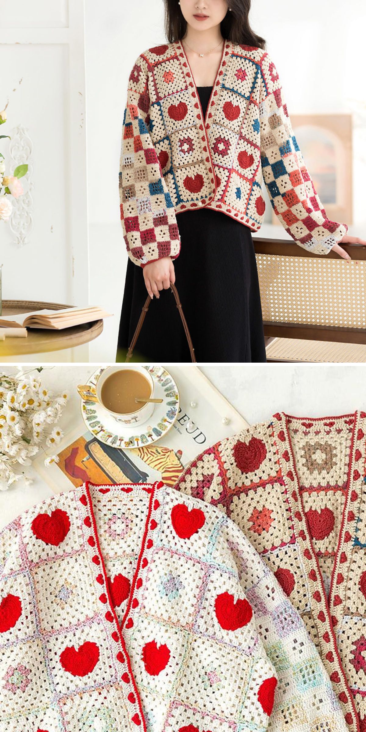 a crochet cardigan featuring granny squares with heart motifs