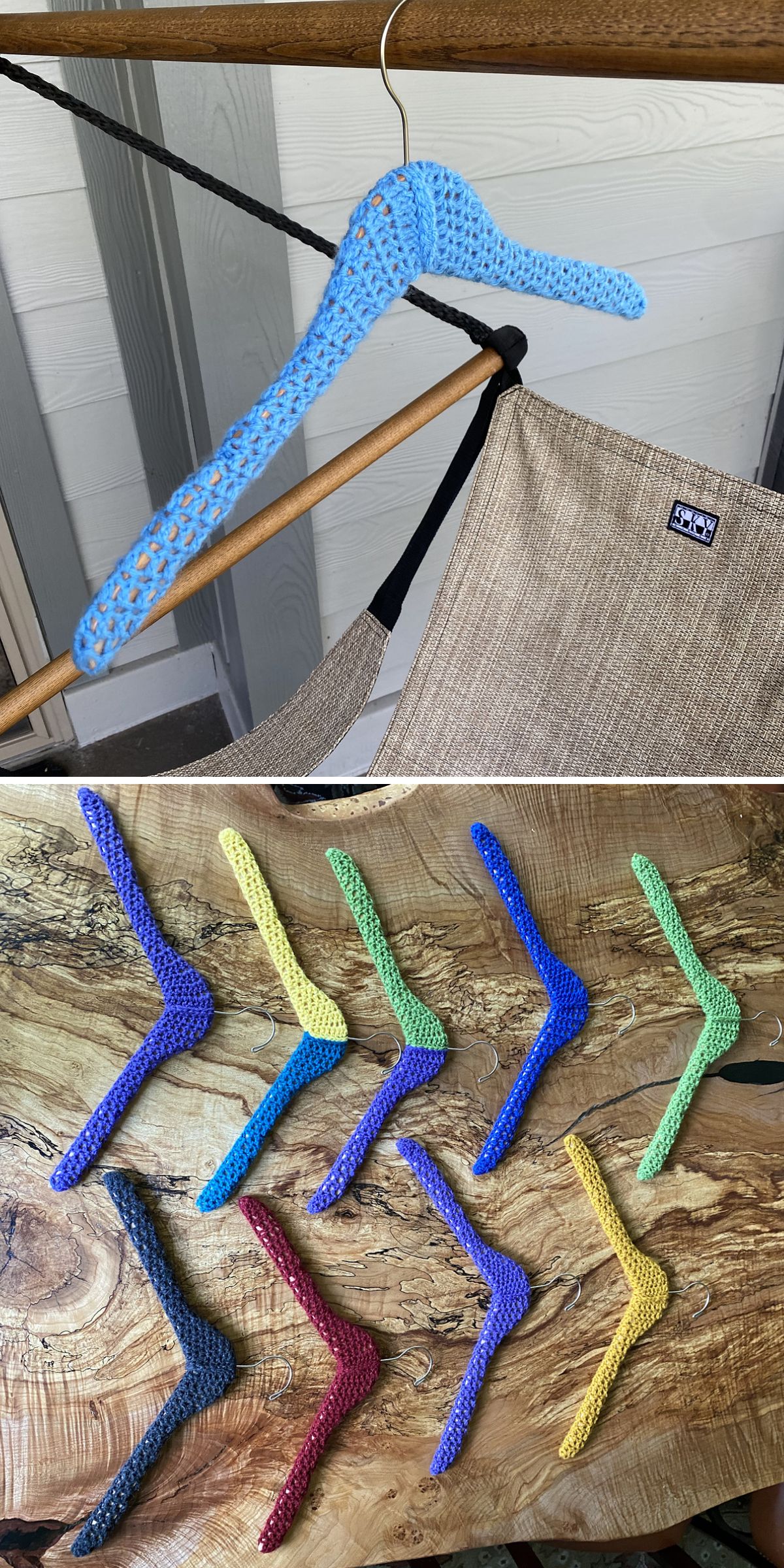 Crochet Cozy Patterns adorn crocheted hangers in various colors, beautifully displayed on a wooden table with one elegantly hanging on a rack.