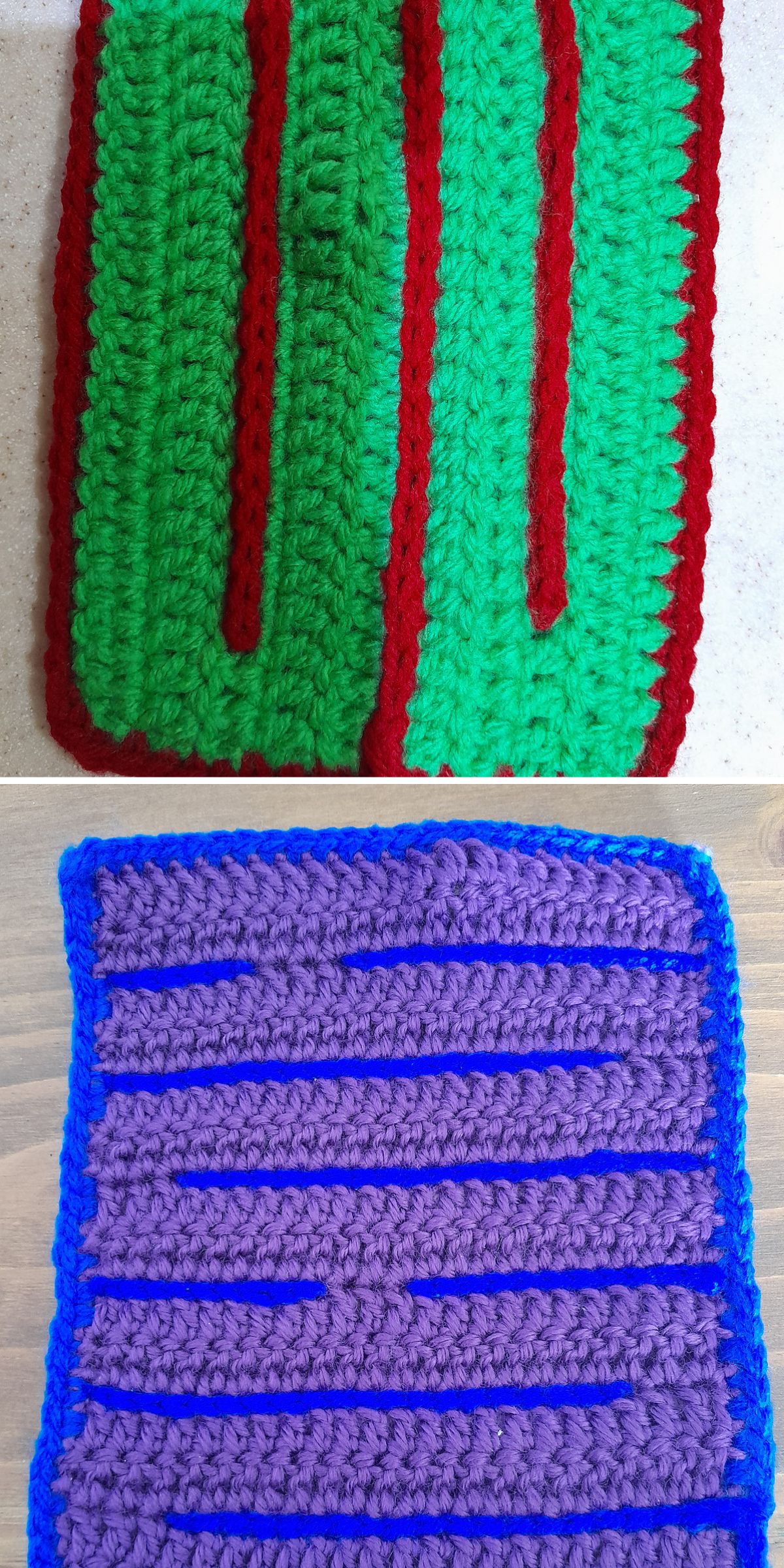 Two crocheted rectangular pieces, perfect as baby sensory toys: the first piece is green with red zigzag lines, and the second is purple with horizontal blue stripes.