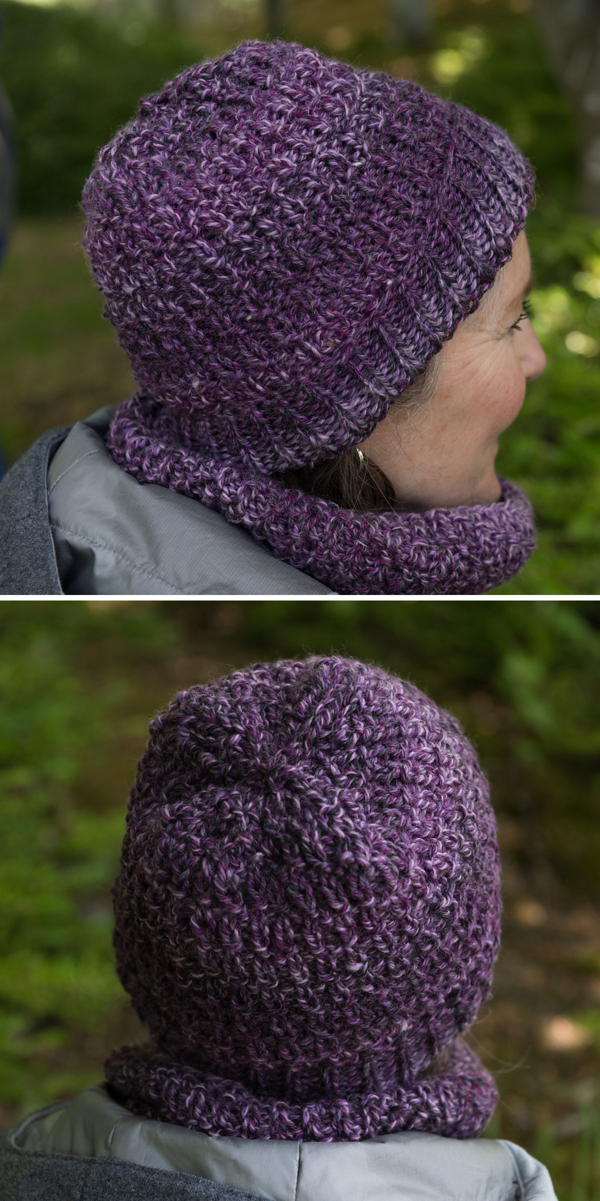 In an outdoor setting, a person stands bundled up in a purple knit hat and cowl, embracing the brisk air with cozy confidence.