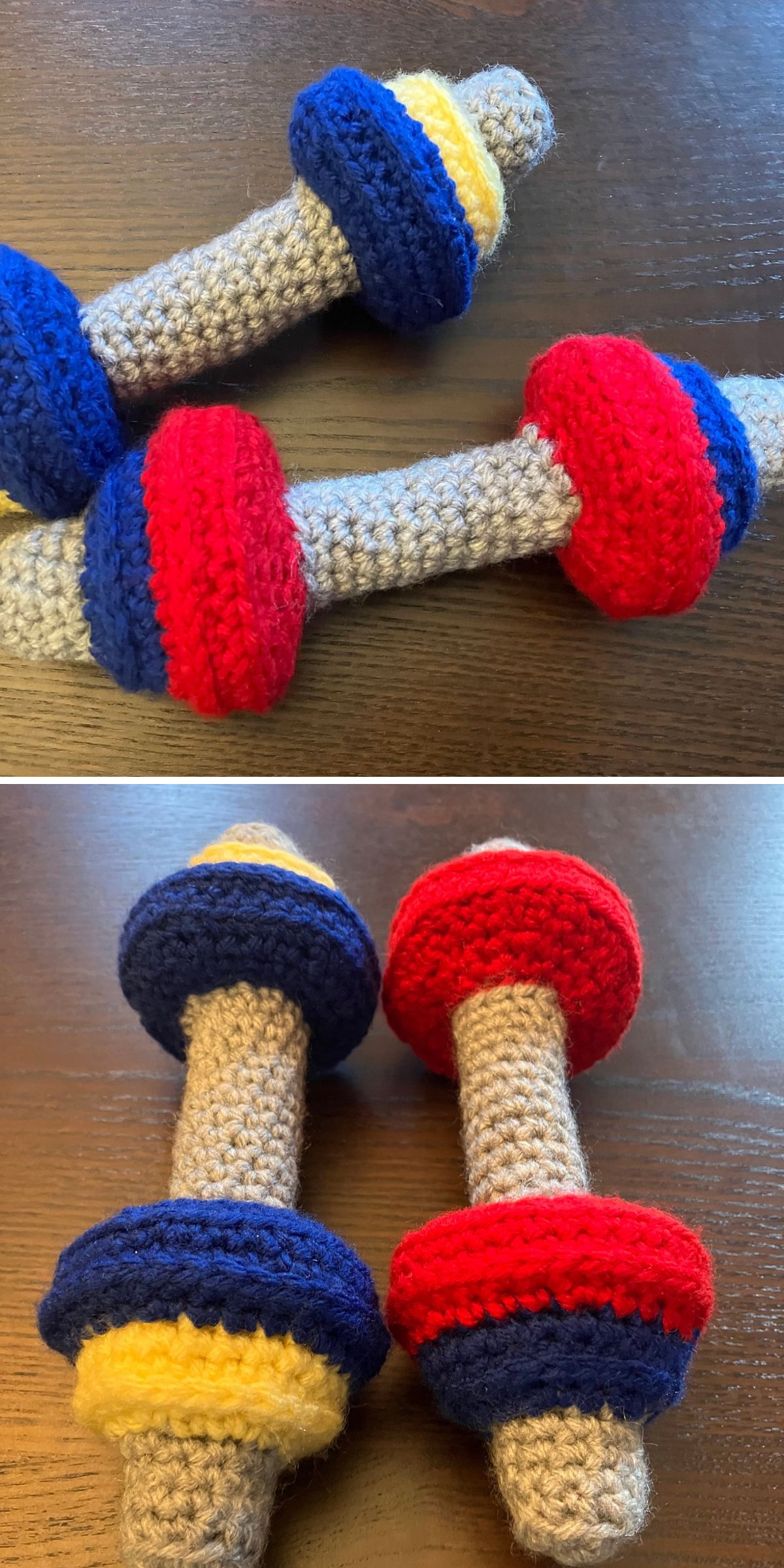 two adorable crochet rattle dumbbells for babies
