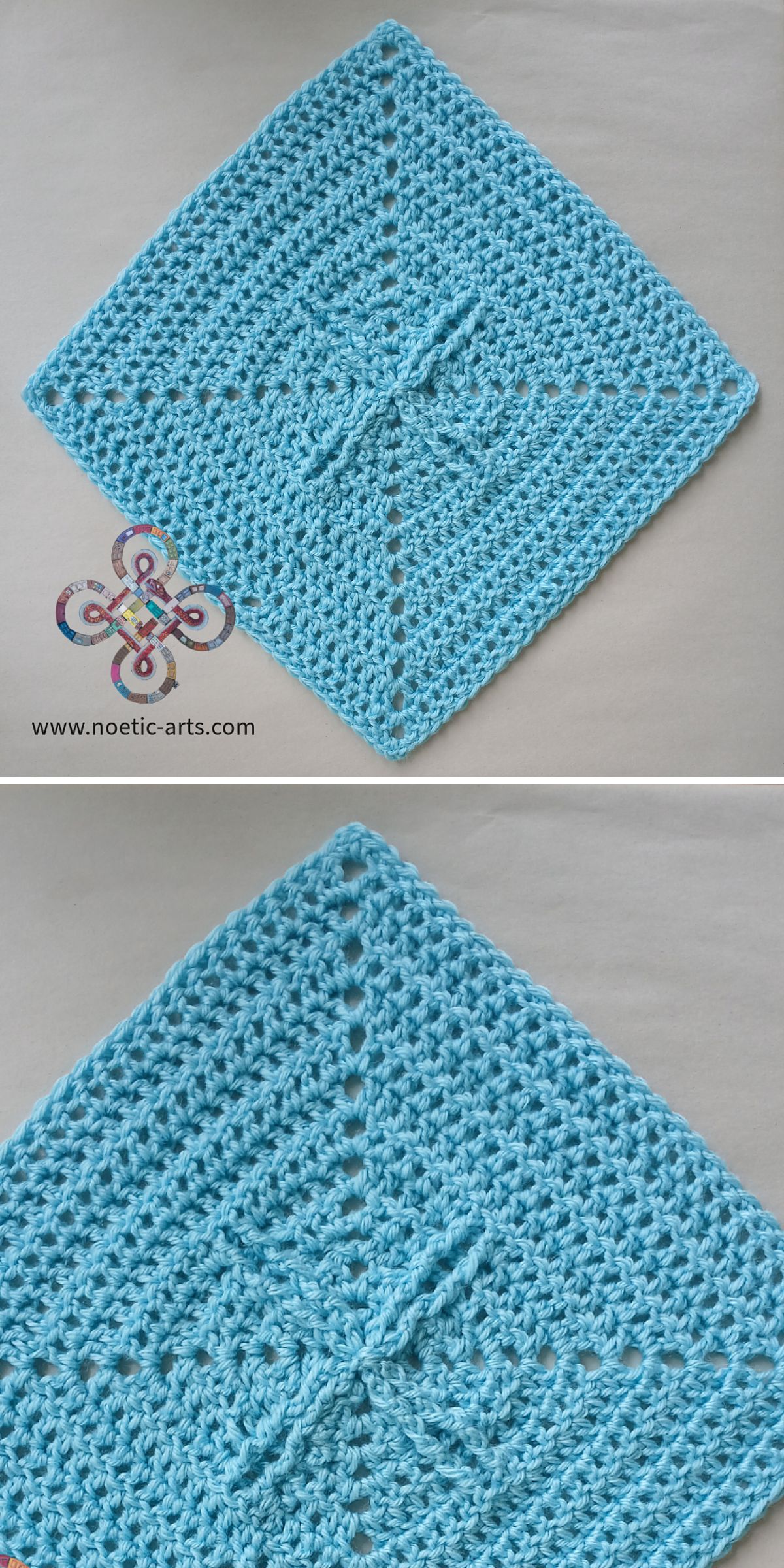 Two images of a blue crocheted square, reminiscent of the classic granny square blankets, showcase an intricate textured pattern placed on a light surface.