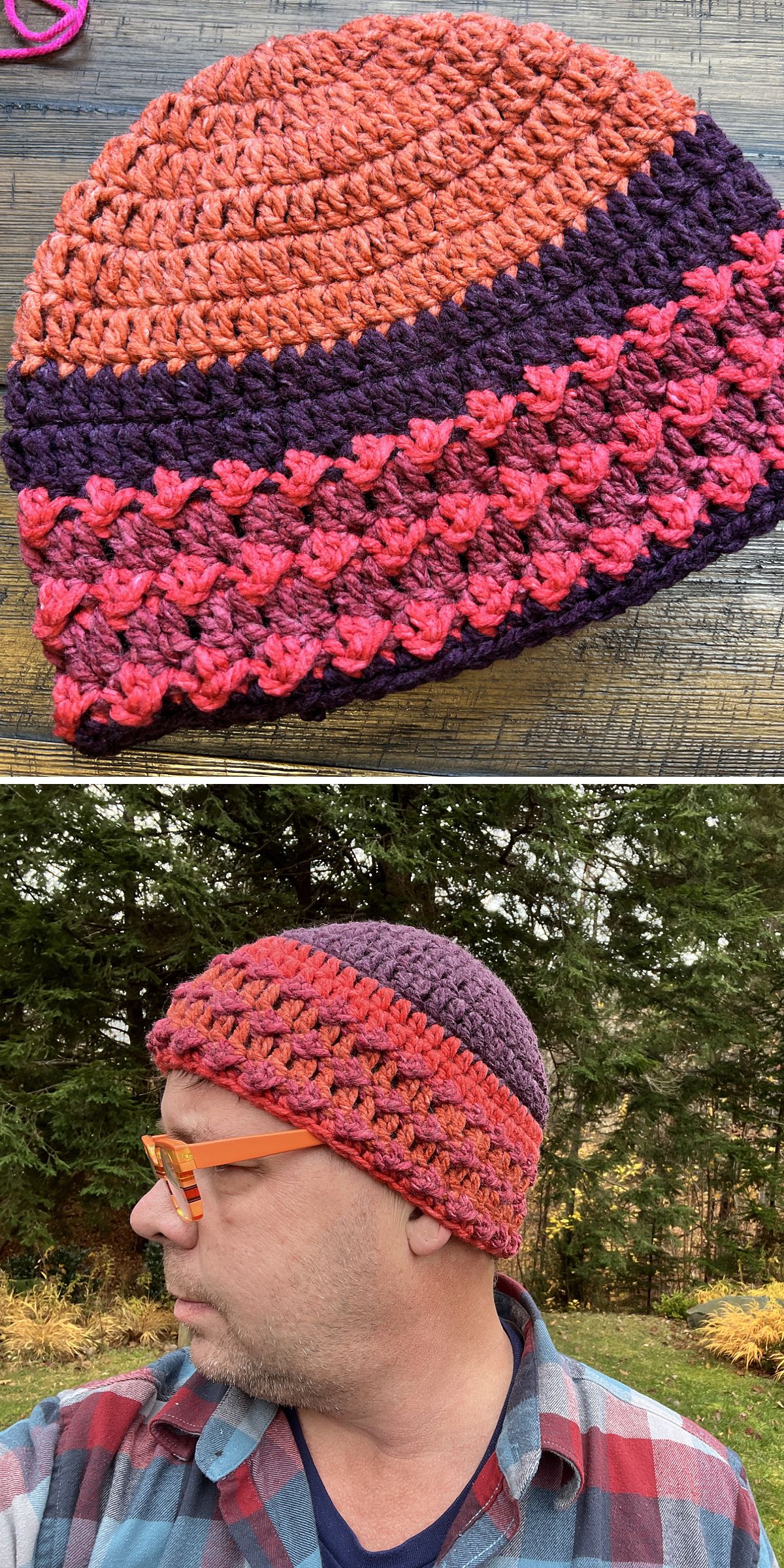 a man wearing a stylish crochet striped beanie