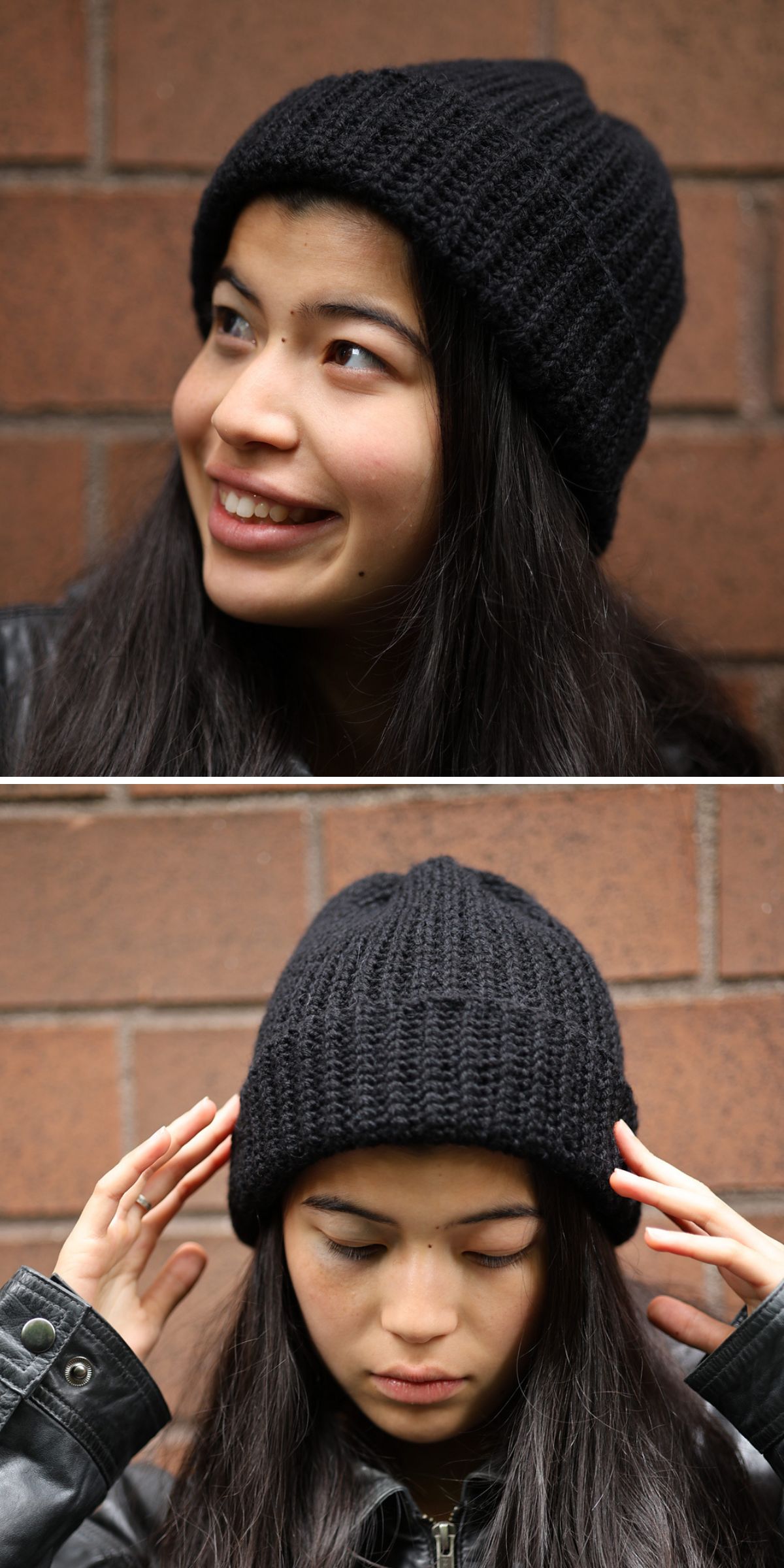 a woman wearing a black crochet beanie