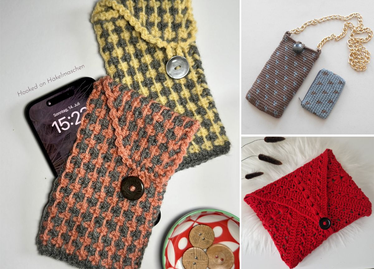 Crocheted phone cases in various colors and designs are displayed alongside buttons and crochet hooks.